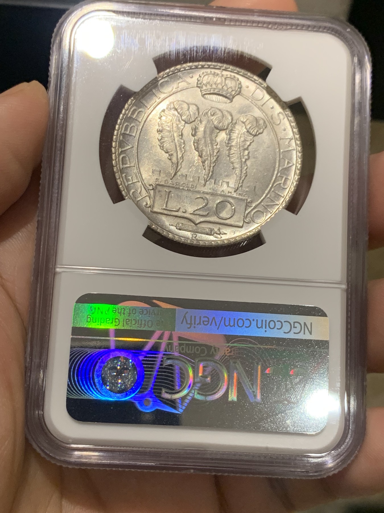 《竞宝斋》第209场-周日，周一 2场 (全场包邮) NGC MS62 1933年 圣马力诺 20里拉 银币