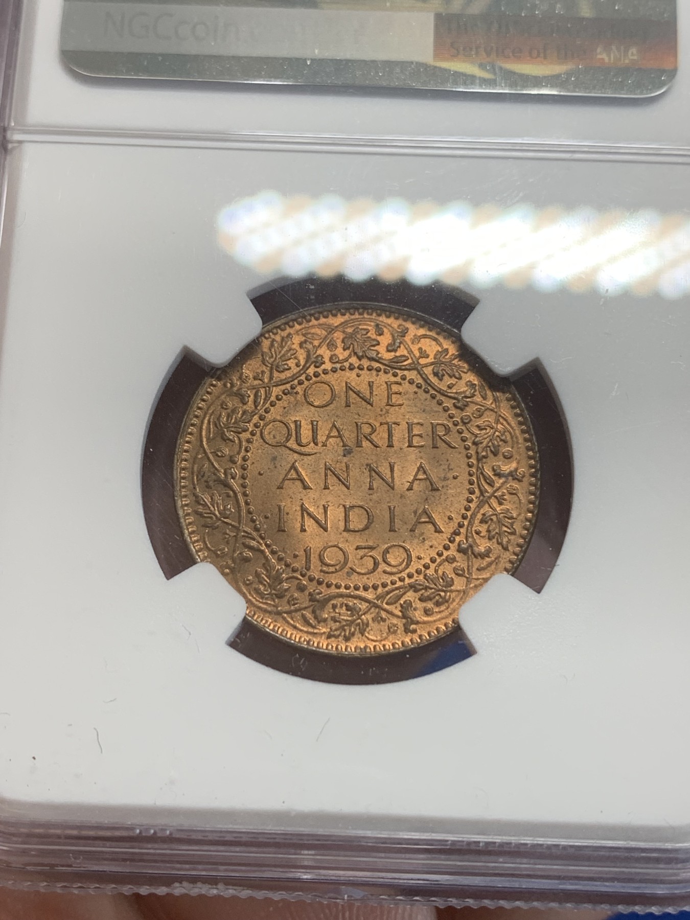 《竞宝斋》第209场-周日，周一 2场 (全场包邮) NGC-MS64RB 英属印度 乔治六世 1939年B版 1/4安娜 铜币 原光好品