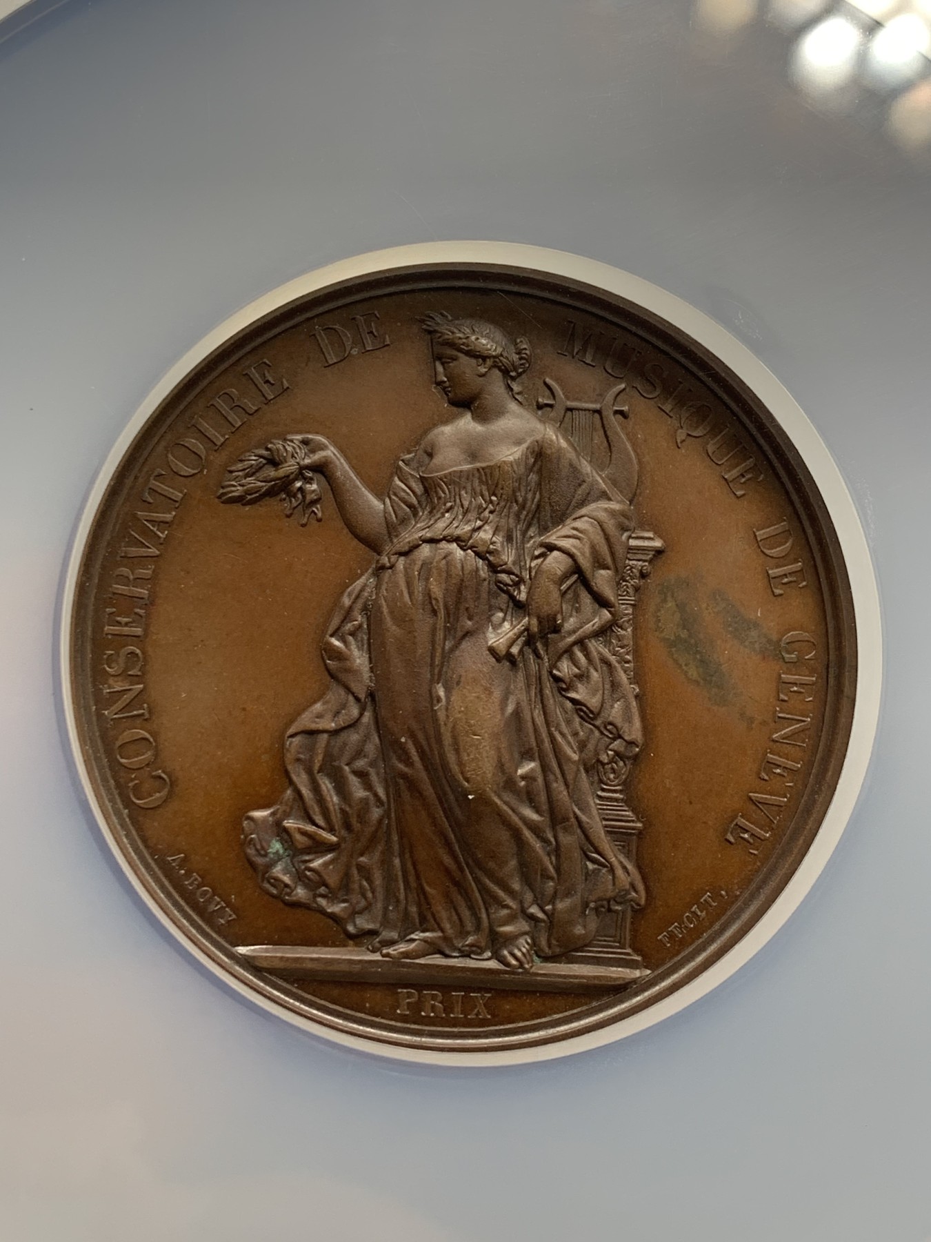 《竞宝斋》第209场-周日，周一 2场 (全场包邮) NGC MS62BN 瑞士共和国日内瓦音乐节 铜质奖章 巧克力包浆 大盒封装