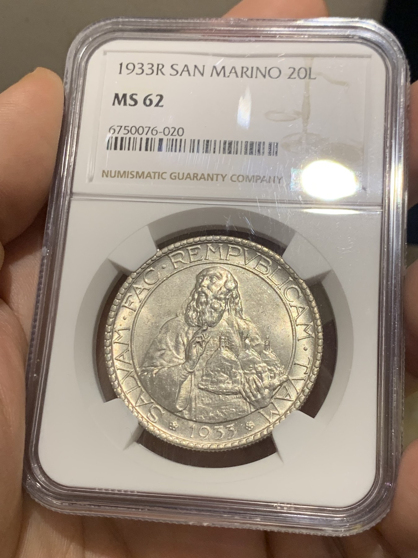 《竞宝斋》第209场-周日，周一 2场 (全场包邮) NGC MS62 1933年 圣马力诺 20里拉 银币