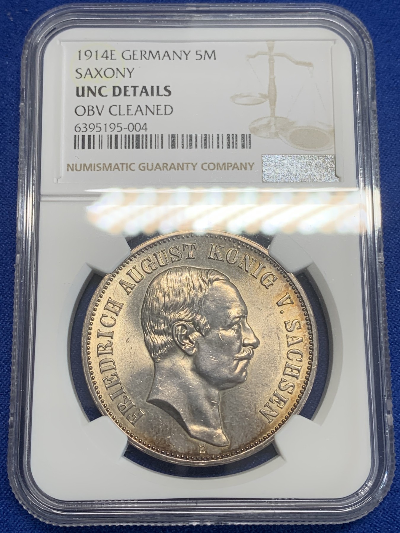 《竞宝斋》第209场-周日，周一 2场 (全场包邮) NGC-UNC 1914年 德国 萨克森王国 5马克大银币  金色包浆 细节很好