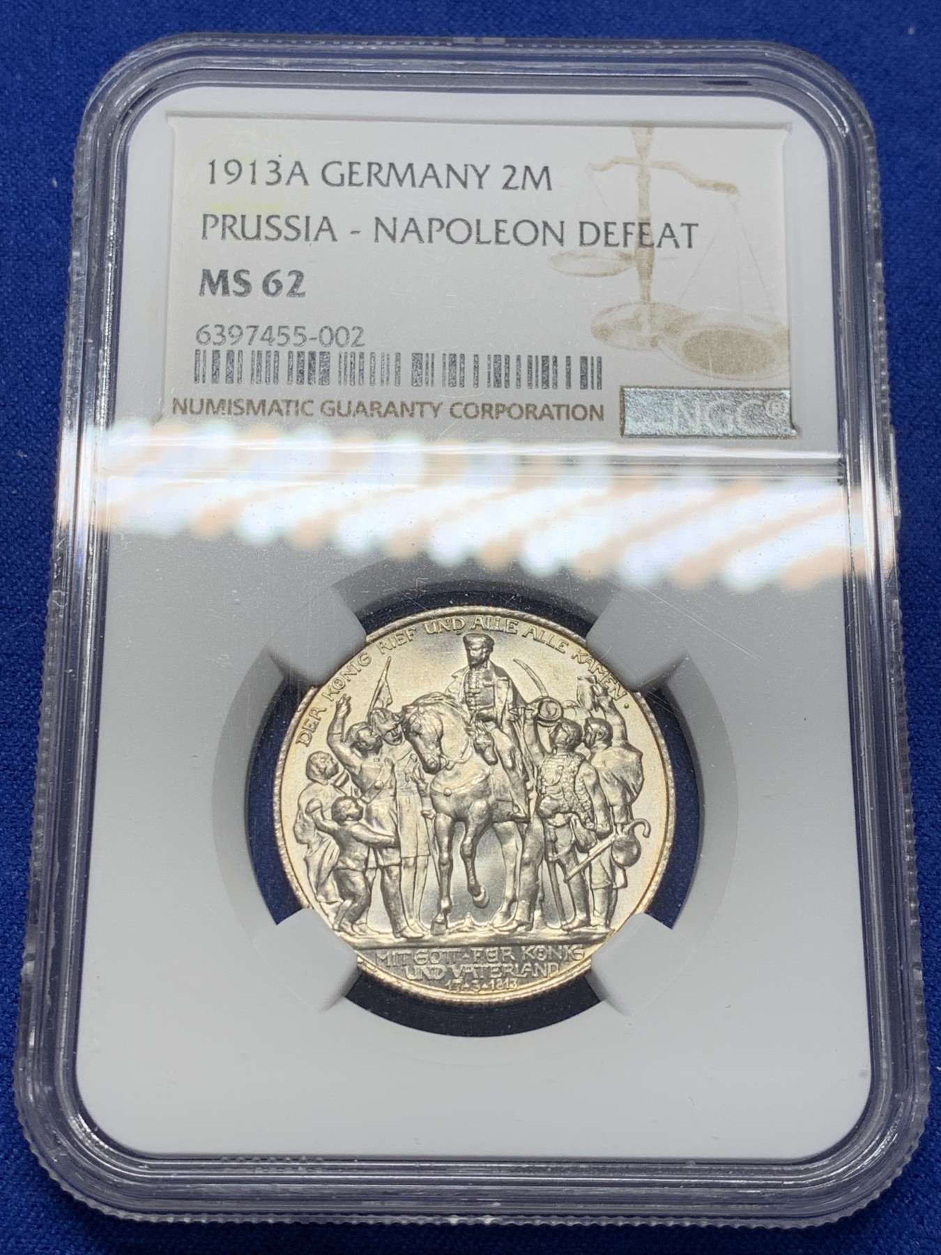 《竞宝斋》第209场-周日，周一 2场 (全场包邮) NGC-MS62 德国 1913年A厂 战胜拿破仑百年纪念 2马克银币 经典品种