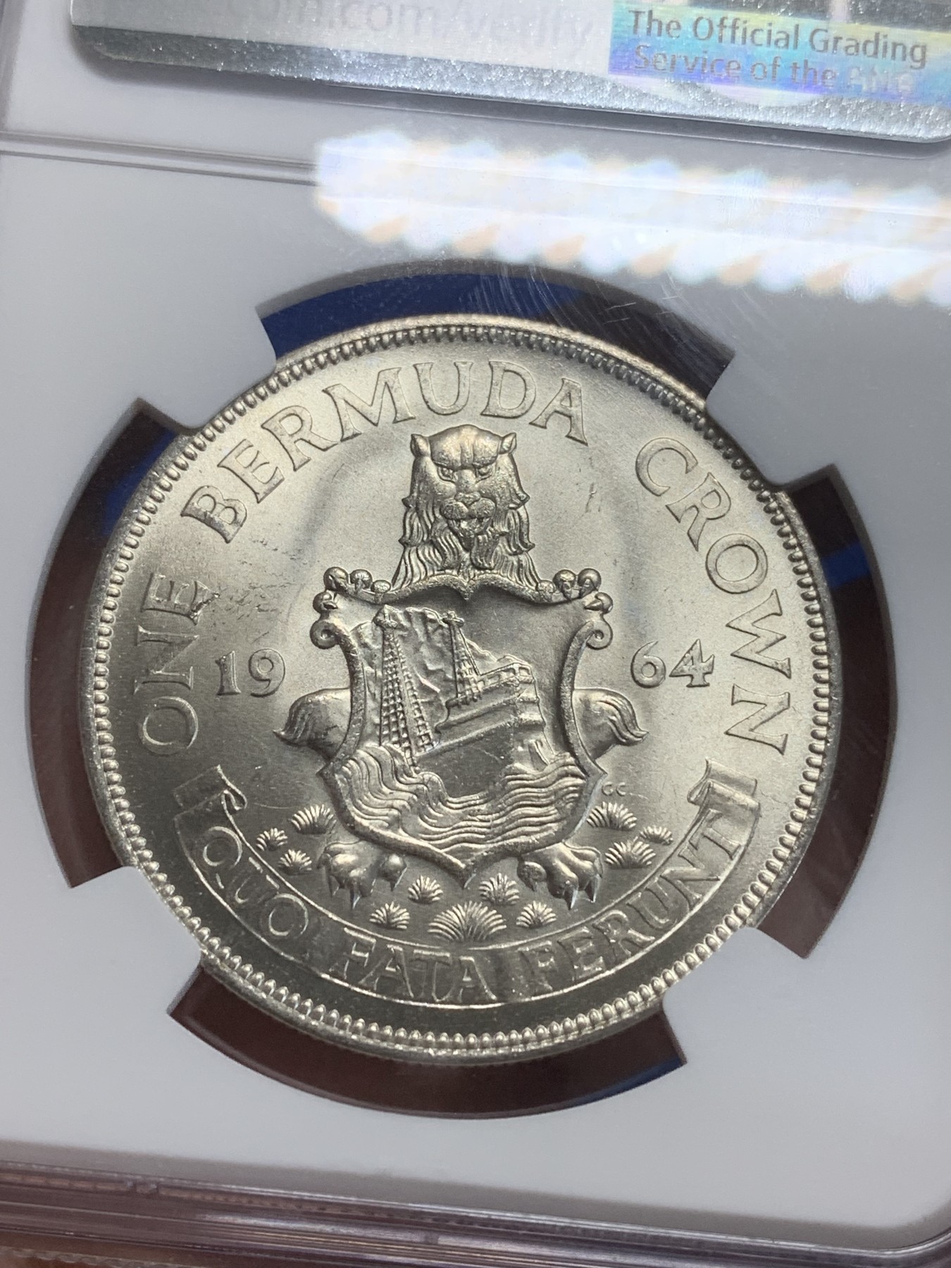 《竞宝斋》第209场-周日，周一 2场 (全场包邮) NGC-MS63 英属百慕大群岛1964年一克朗银币 经典女皇头像 十分漂亮