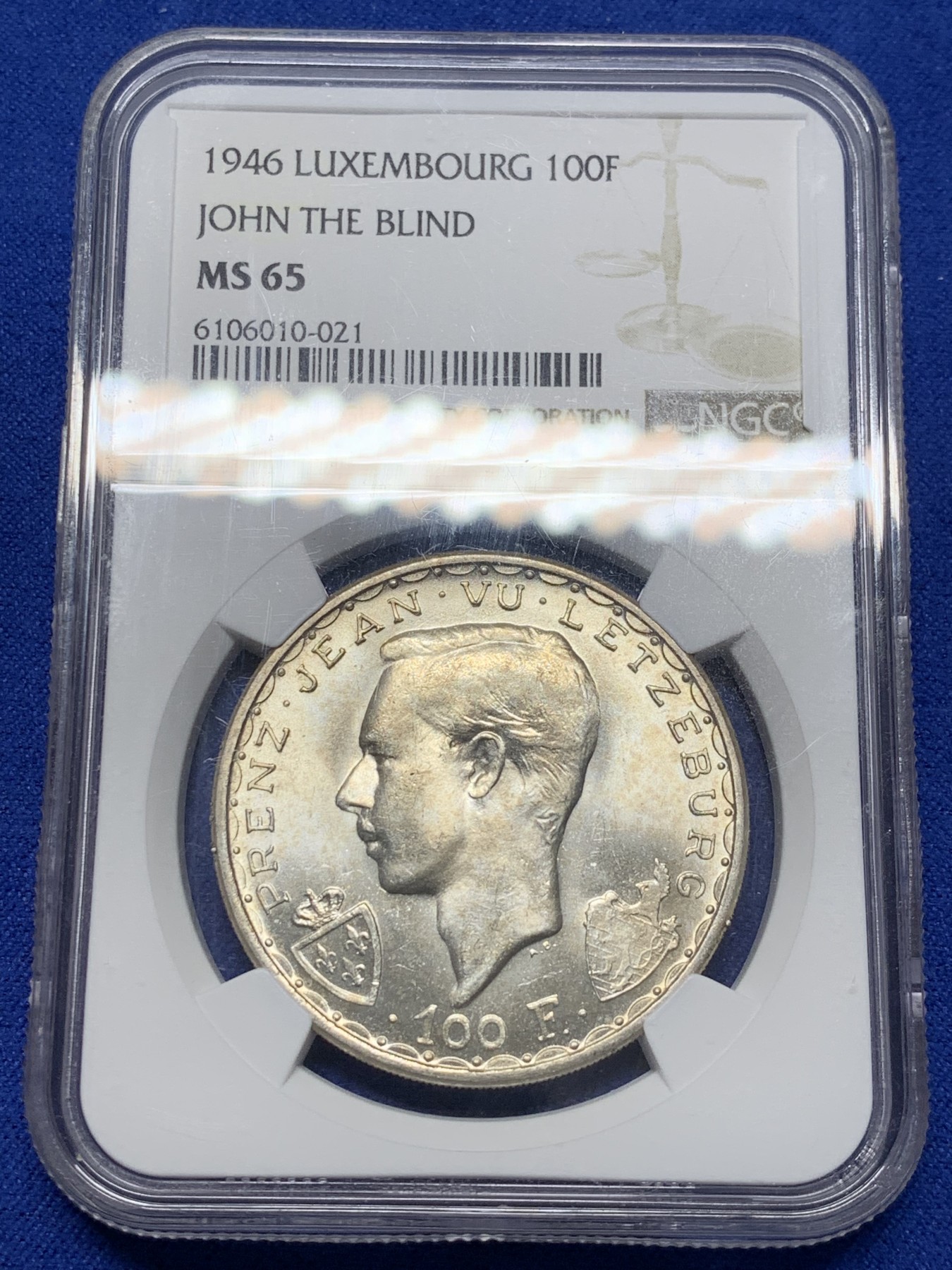 《竞宝斋》第209场-周日，周一 2场 (全场包邮) NGC-MS65 卢森堡 1946年 盲人约翰阵亡600年纪念100法郎银币