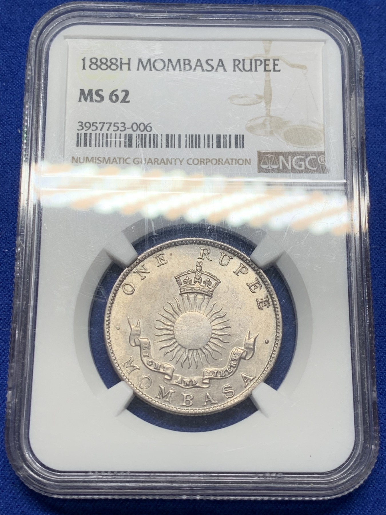 《竞宝斋》第209场-周日，周一 2场 (全场包邮) NGC-MS62 1888年蒙巴萨1卢比银币 东非著名港口，郑和留下过足迹