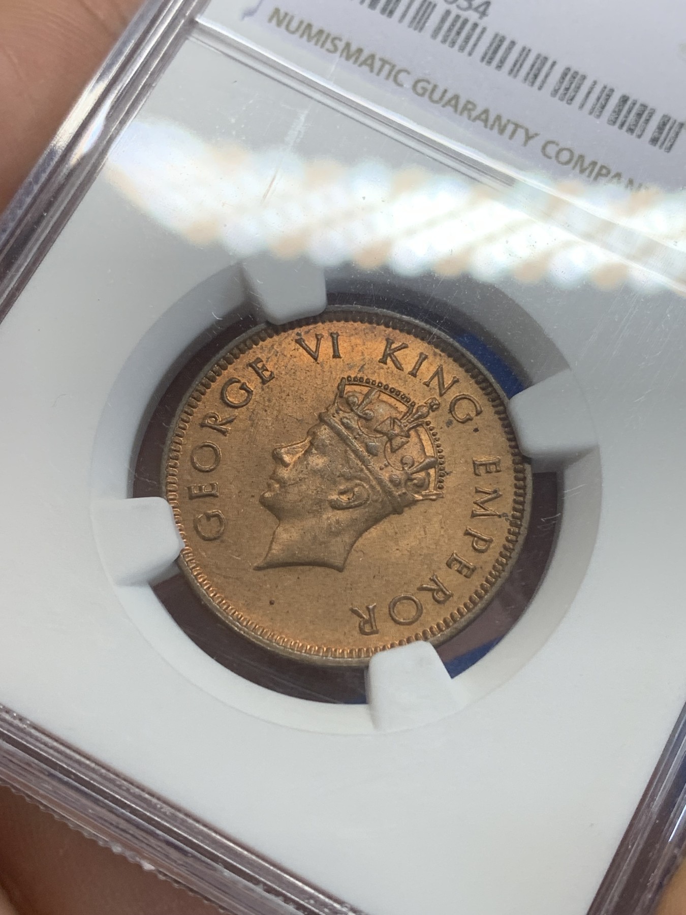 《竞宝斋》第209场-周日，周一 2场 (全场包邮) NGC-MS64RB 英属印度 乔治六世 1939年B版 1/4安娜 铜币 原光好品