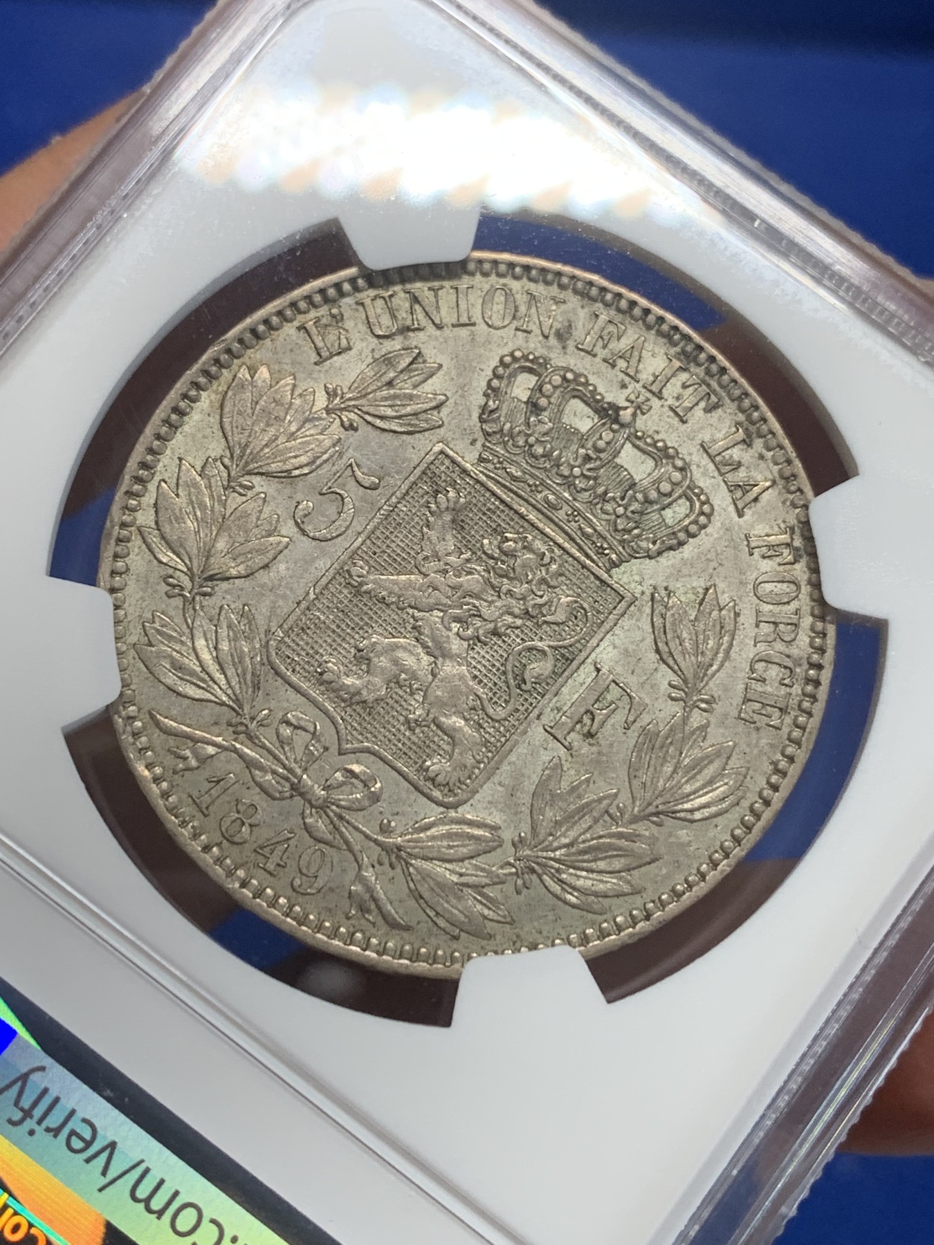 《竞宝斋》第209场-周日，周一 2场 (全场包邮) NGC-AU50 比利时1849年 利奥波德一世 5法郎 无冠版 流通品种 AU出分 已十分难得了