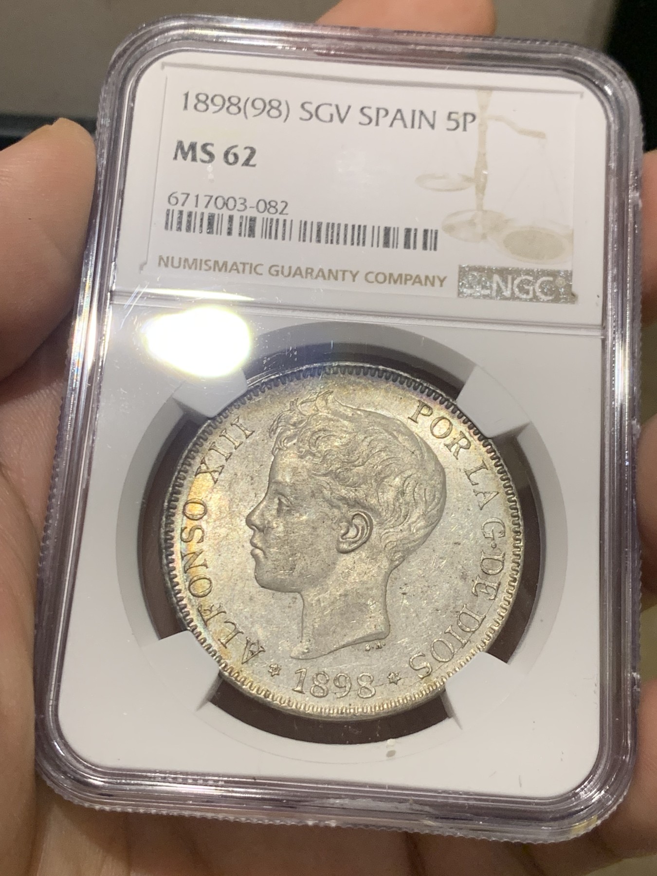 《竞宝斋》第209场-周日，周一 2场 (全场包邮) NGC-MS62 西班牙 1898年阿方索十三世小孩头双柱5比塞塔银币