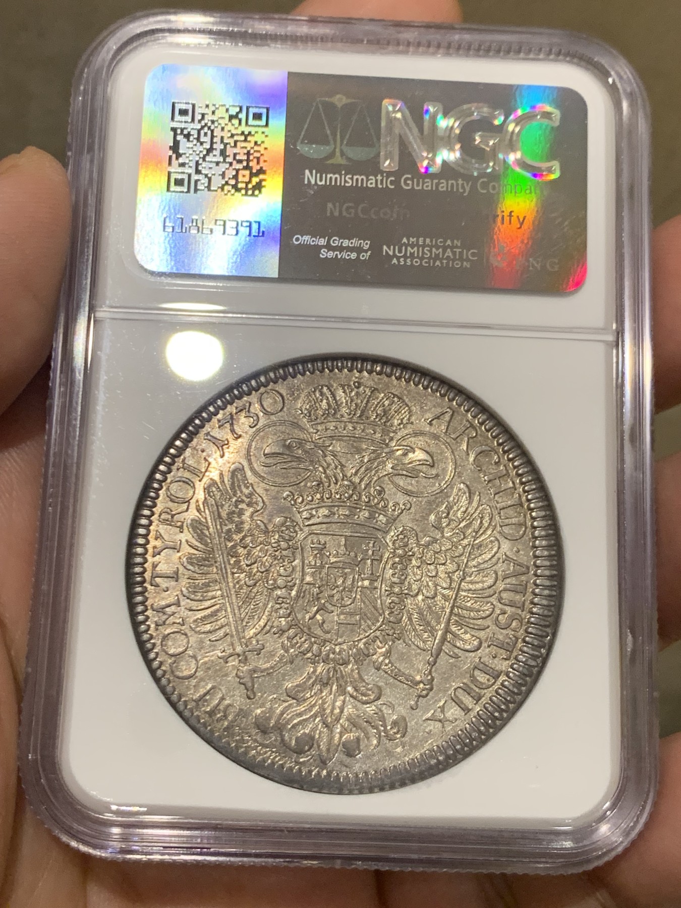 《竞宝斋》第209场-周日，周一 2场 (全场包邮) NGC-AU58 1730年 神圣罗马帝国 卡尔六世 1泰勒 大银币  原光紫彩包浆，严重低评，状态非常好