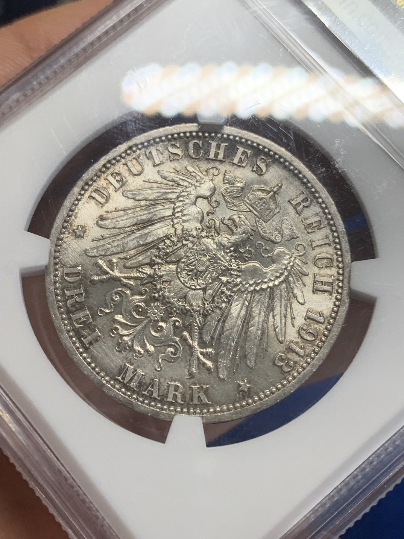 《竞宝斋》第209场-周日，周一 2场 (全场包邮) NGC MS63 德国1913普鲁士3马克银币