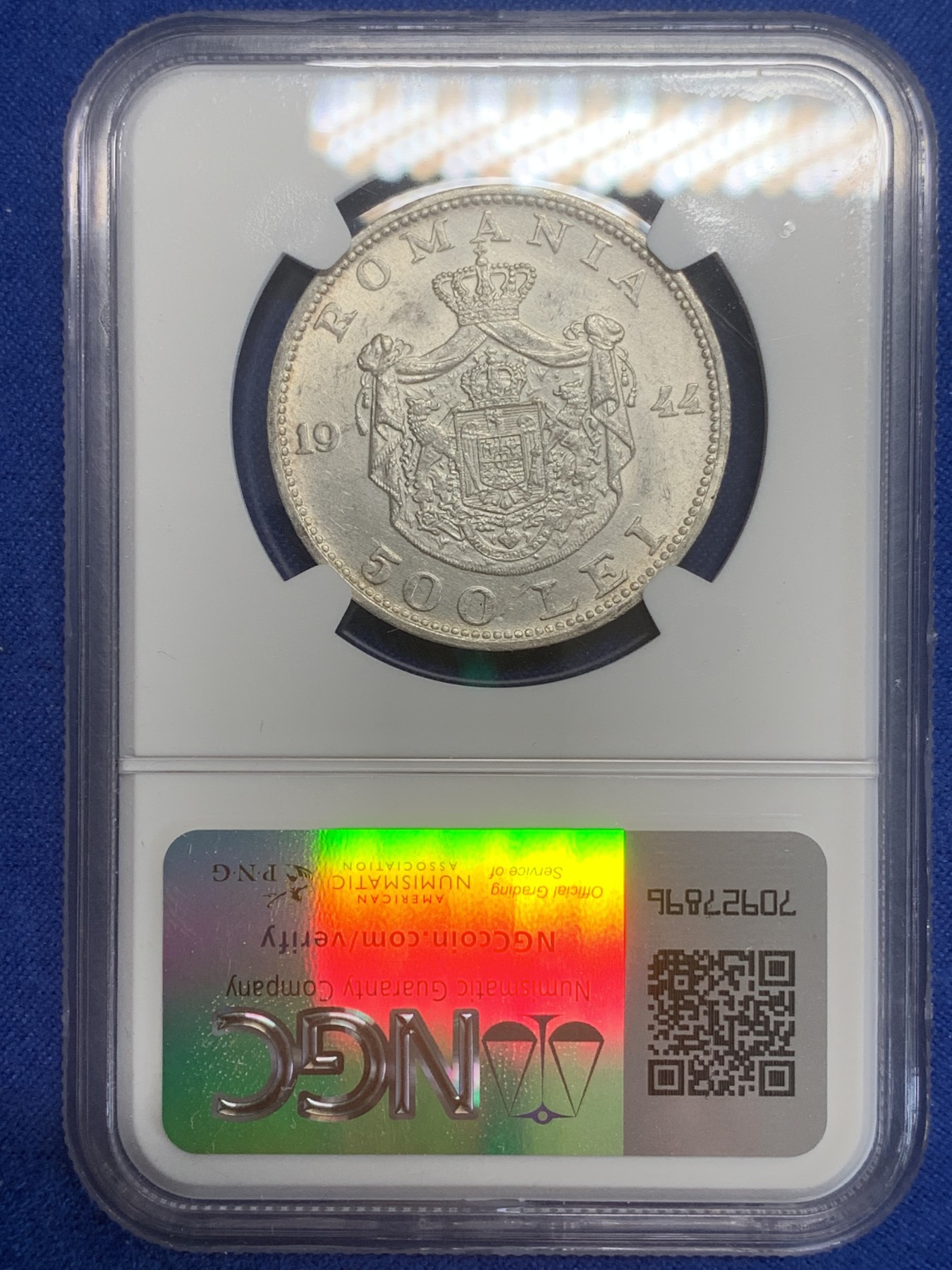 《竞宝斋》第209场-周日，周一 2场 (全场包邮) NGC-MS62 罗马尼亚1944年 500列伊银币