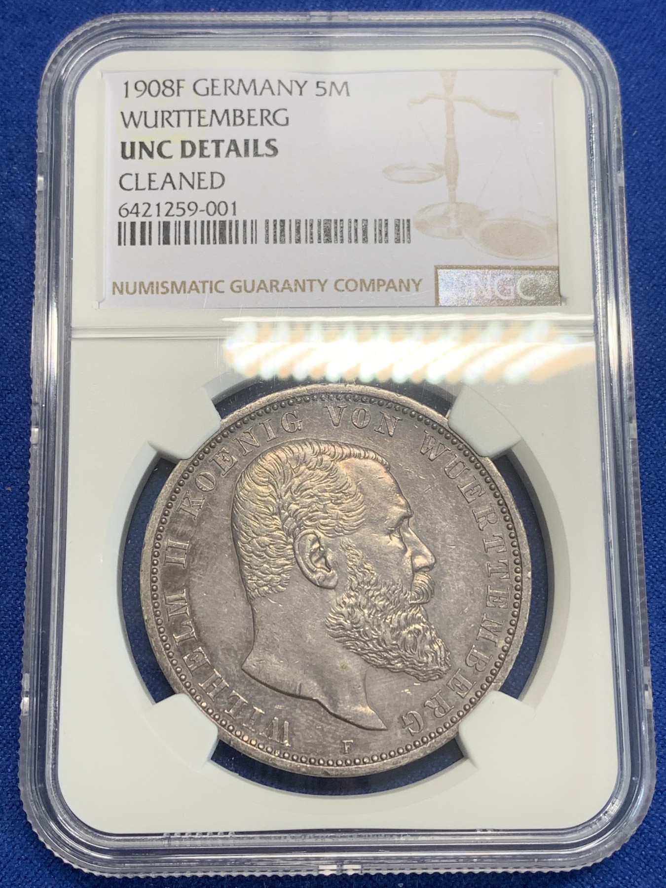 《竞宝斋》第209场-周日，周一 2场 (全场包邮) NGC-UNC 1908年 德国 符腾堡王国 5马克大银币  欧陆紫色包浆 细节很好 不给分可惜