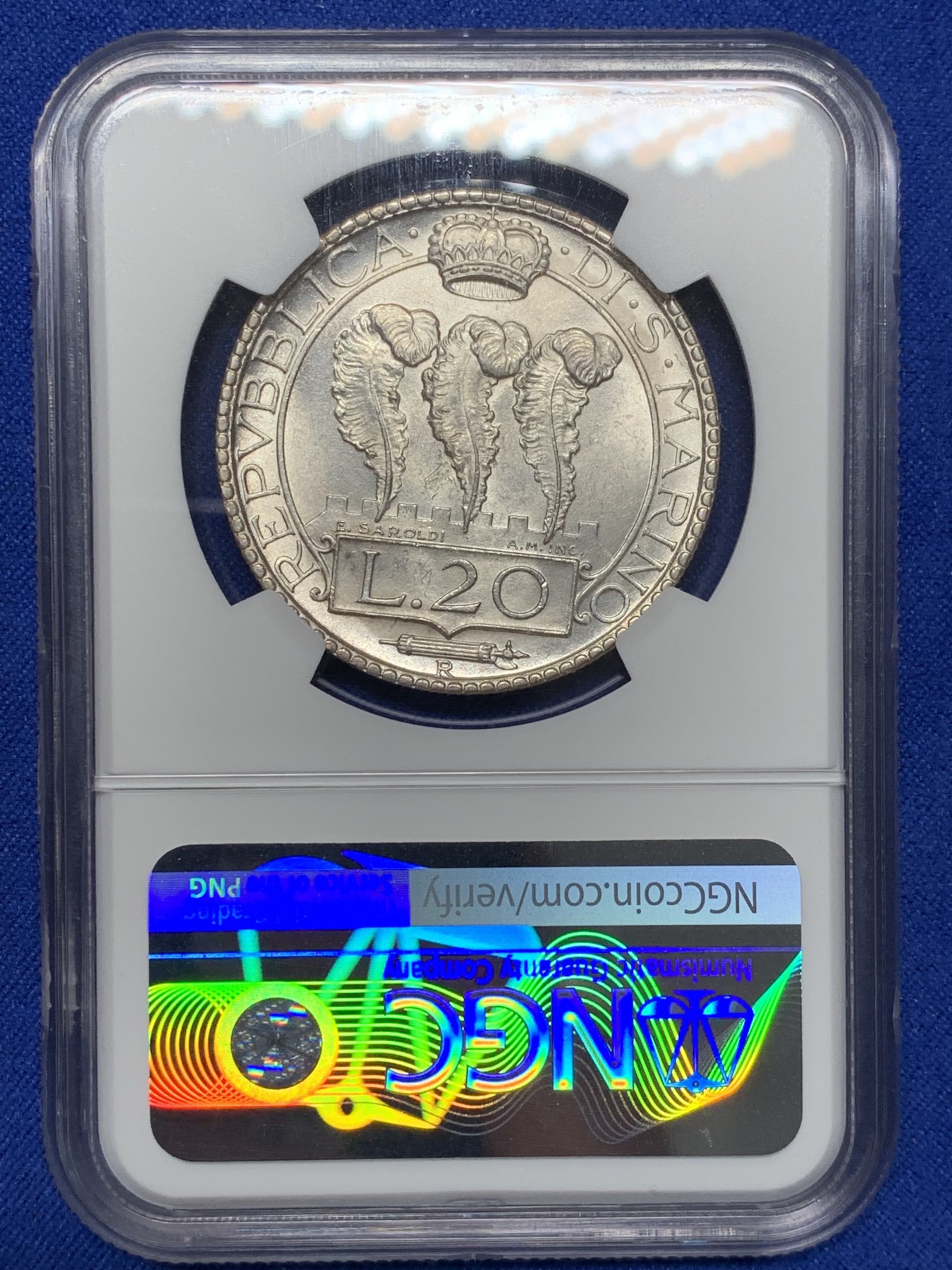 《竞宝斋》第209场-周日，周一 2场 (全场包邮) NGC MS62 1933年 圣马力诺 20里拉 银币