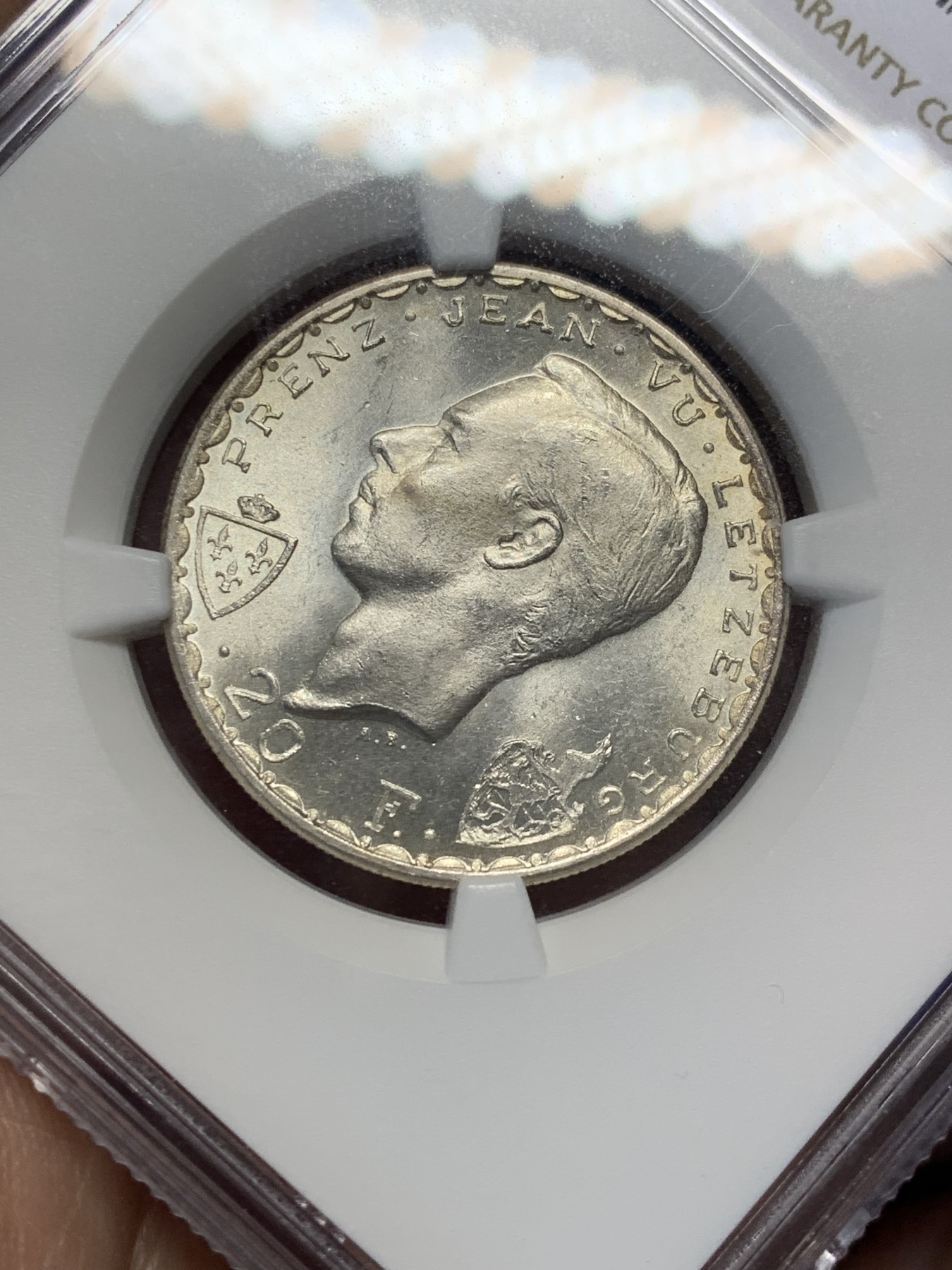 《竞宝斋》第209场-周日，周一 2场 (全场包邮) NGC-MS65 卢森堡 1946年 盲人约翰阵亡600年纪念20法郎银币