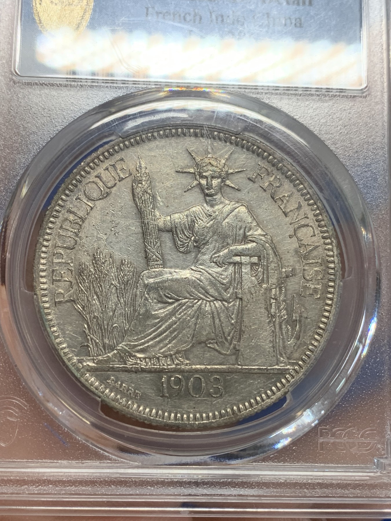 《竞宝斋》第209场-周日，周一 2场 (全场包邮) PCGS-AU 1903年法属印支坐洋银币，品相不错，可惜没有给分