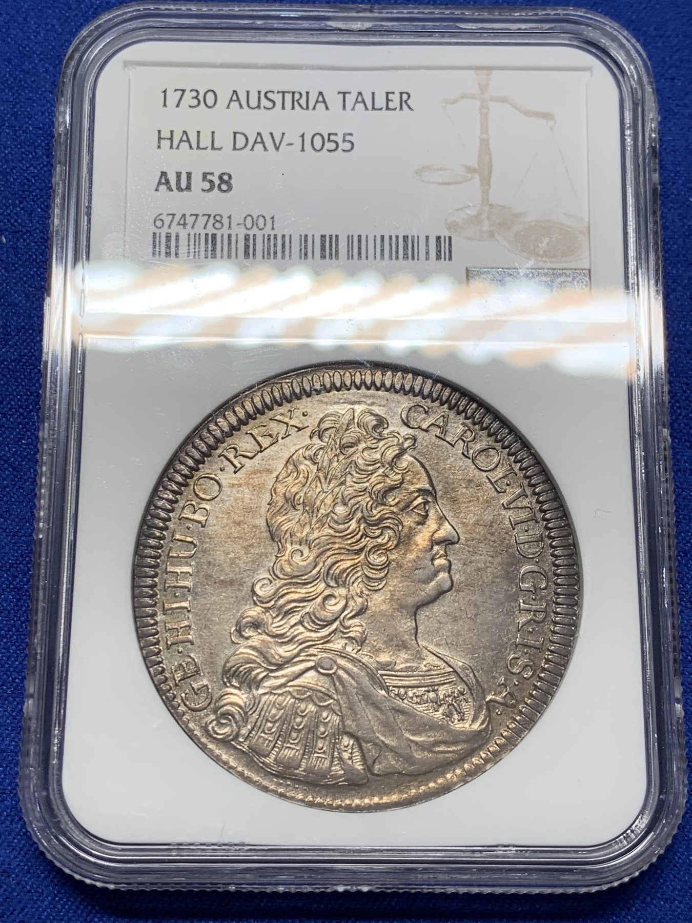 《竞宝斋》第209场-周日，周一 2场 (全场包邮) NGC-AU58 1730年 神圣罗马帝国 卡尔六世 1泰勒 大银币  原光紫彩包浆，严重低评，状态非常好