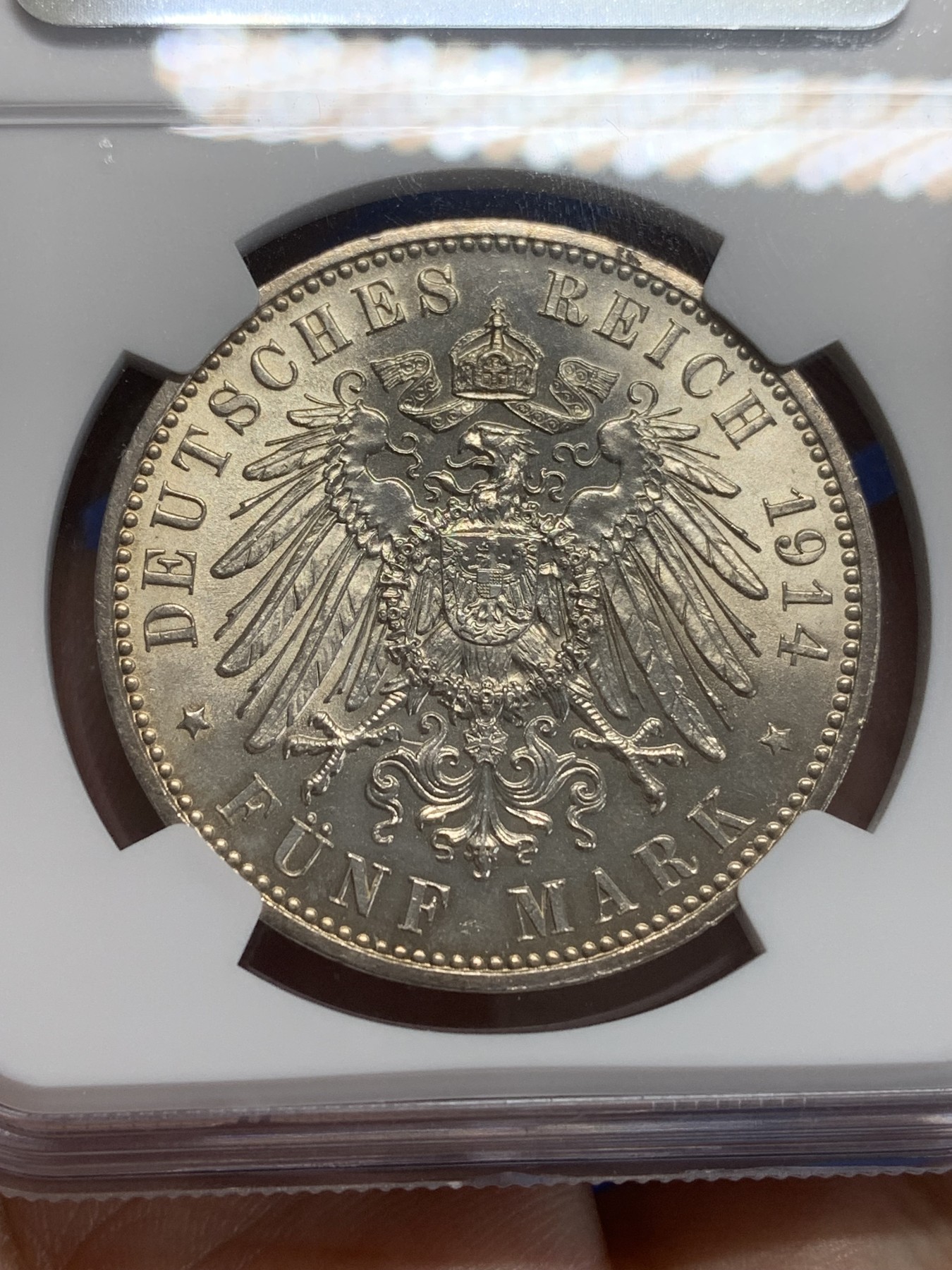 《竞宝斋》第209场-周日，周一 2场 (全场包邮) NGC-UNC 1914年 德国 萨克森王国 5马克大银币  金色包浆 细节很好