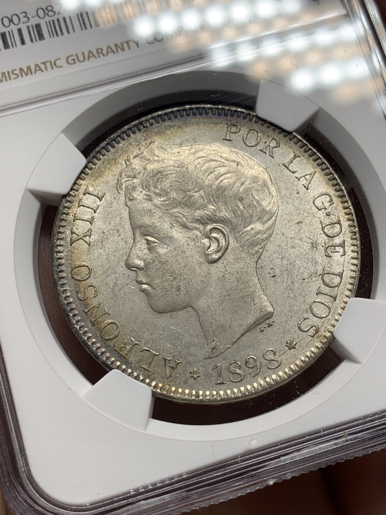 《竞宝斋》第209场-周日，周一 2场 (全场包邮) NGC-MS62 西班牙 1898年阿方索十三世小孩头双柱5比塞塔银币