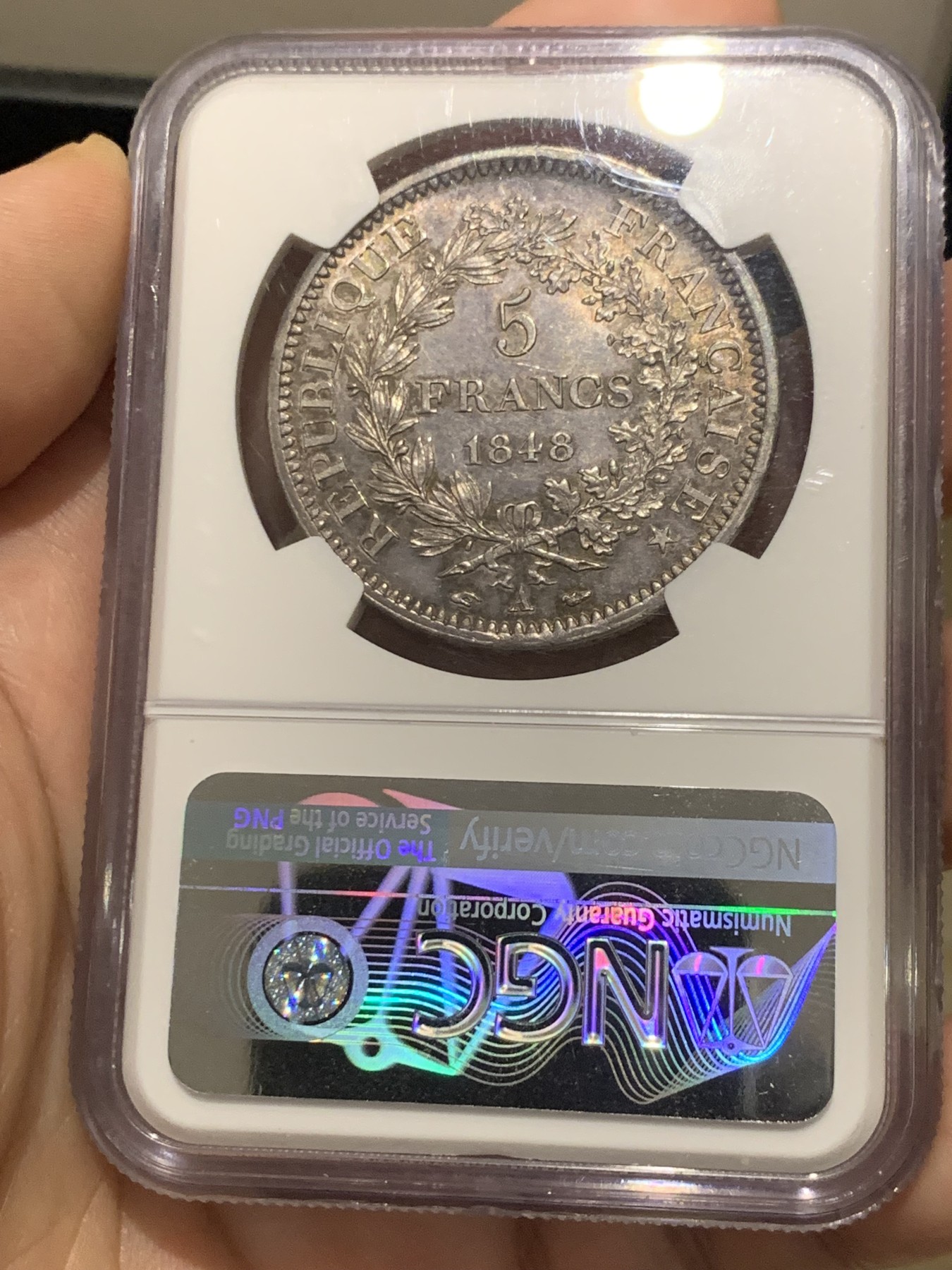 《竞宝斋》第209场-周日，周一 2场 (全场包邮) NGC-MS64 法国 1848A 大力神5法郎银币 初铸纹可见 极其难得