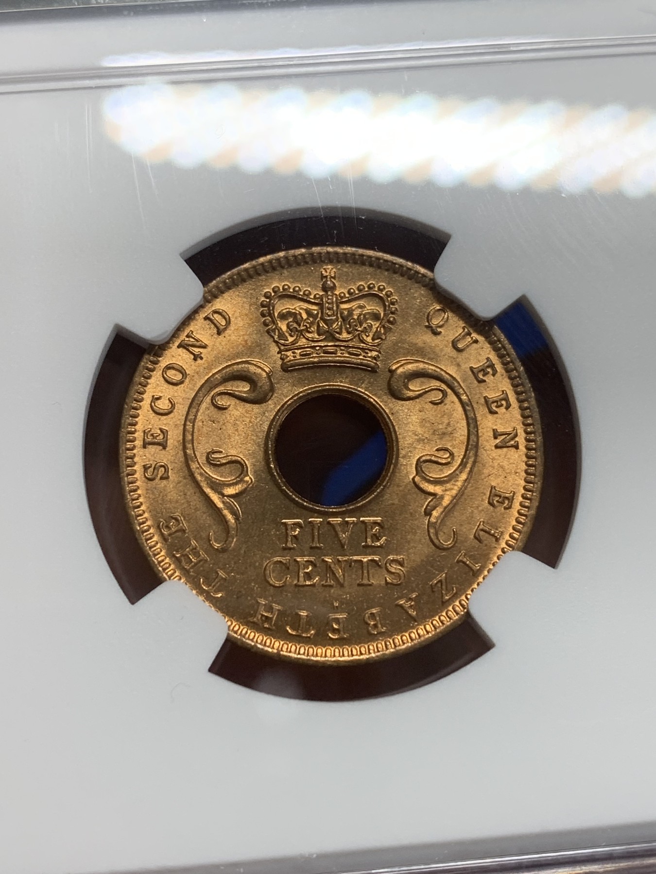 《竞宝斋》第209场-周日，周一 2场 (全场包邮) NGC-MS65RD 英属东非 1956年伊丽莎白二世5分铜币 原红铜光 亚军分 只有1枚最高分