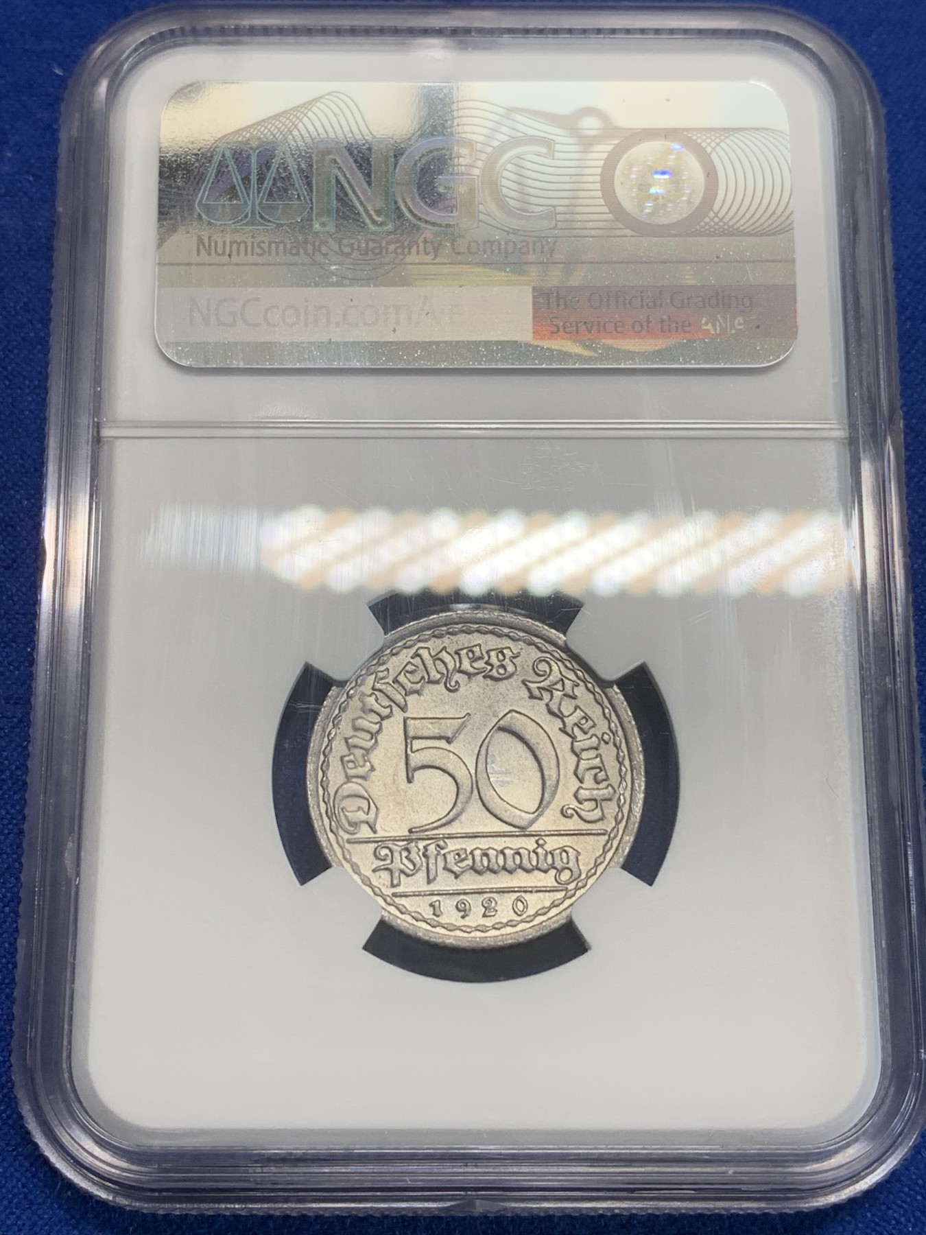 《竞宝斋》第209场-周日，周一 2场 (全场包邮) NGC MS65 德国1920F 魏玛50芬尼 分数不错的一枚