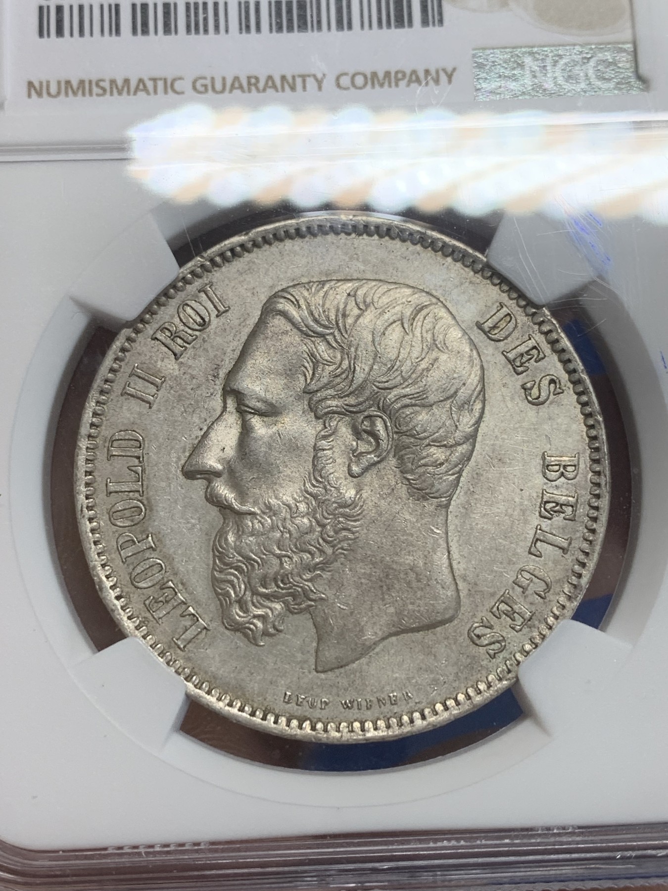 《竞宝斋》第209场-周日，周一 2场 (全场包邮) NGC AU55 比利时1875利奥波德 5法郎银币 细节好