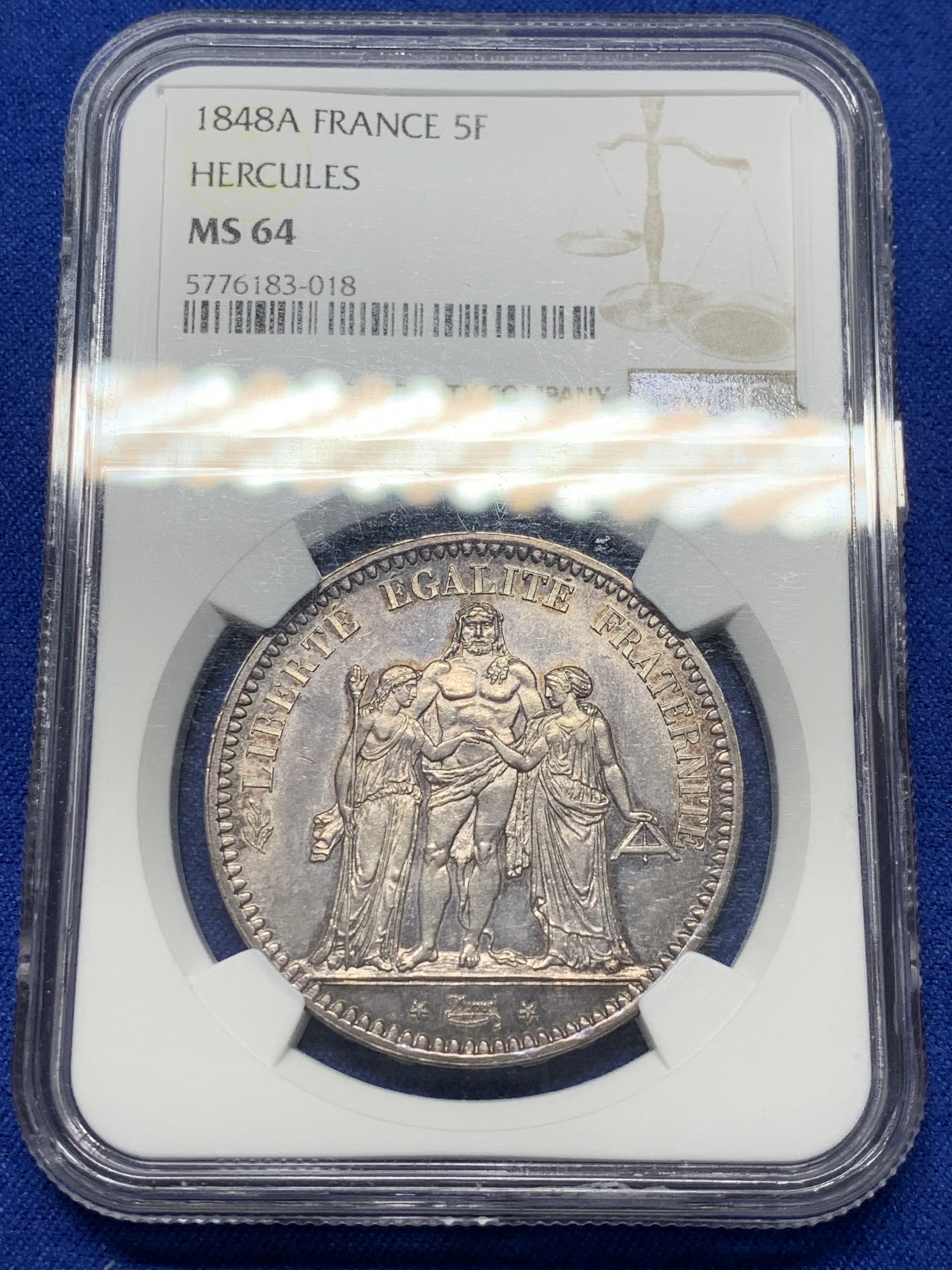 《竞宝斋》第209场-周日，周一 2场 (全场包邮) NGC-MS64 法国 1848A 大力神5法郎银币 初铸纹可见 极其难得