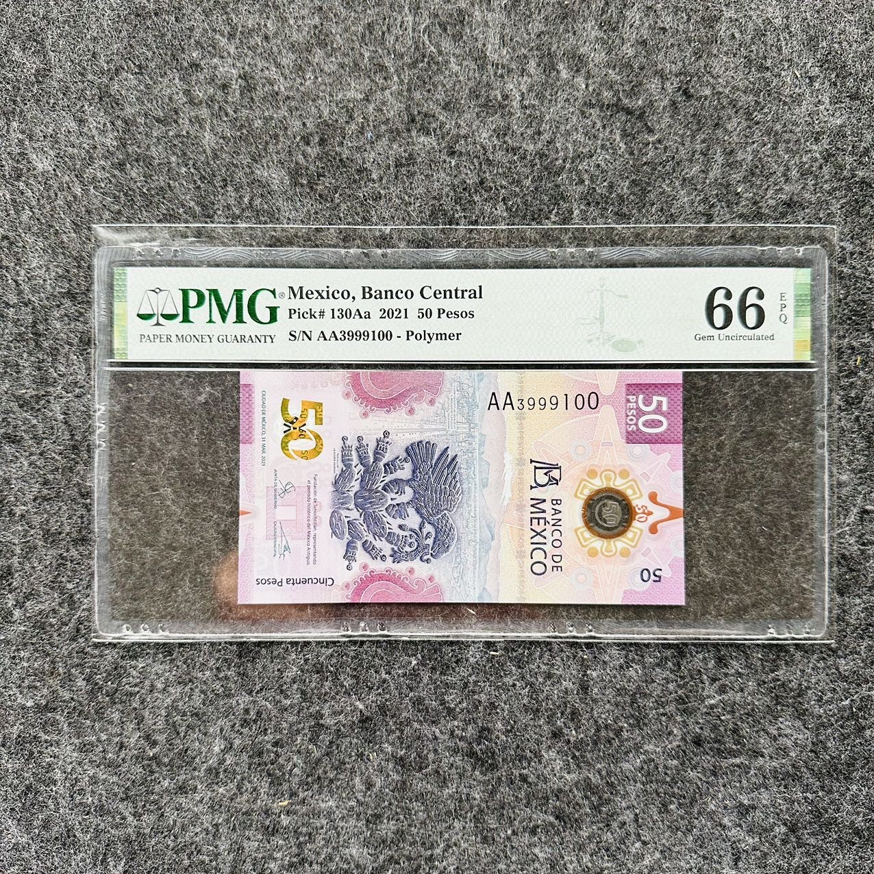 墨西哥2021年50比索塑料钞，AA首发冠+双尾尾8，IBNS获奖钞🏆，PMG66