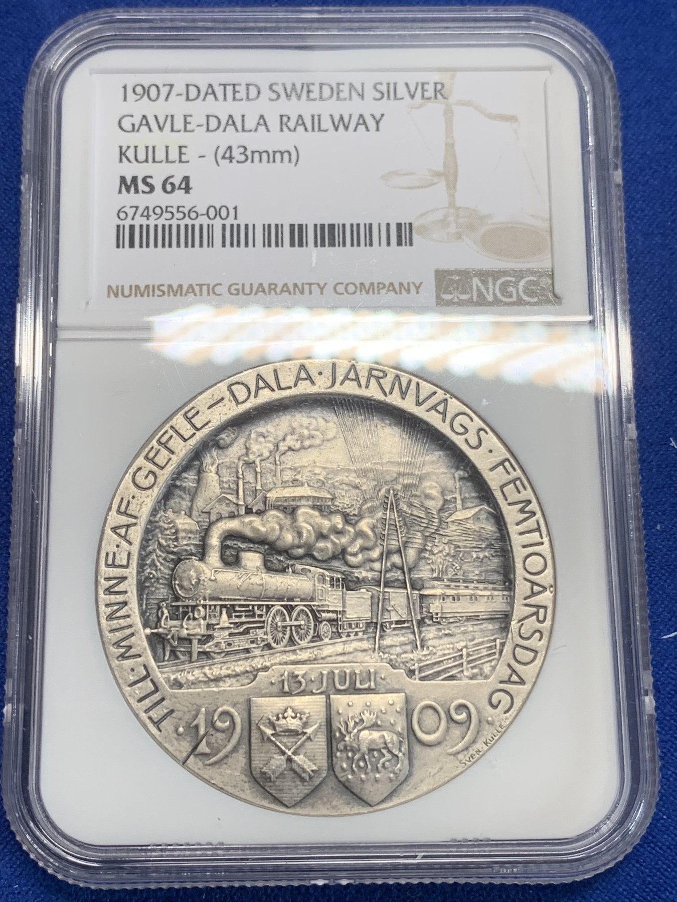 《竞宝斋》第209场-周日，周一 2场 (全场包邮) NGC MS64 瑞典1907年加夫莱-达拉铁路银章 构图细致饱满生动 分数也不错