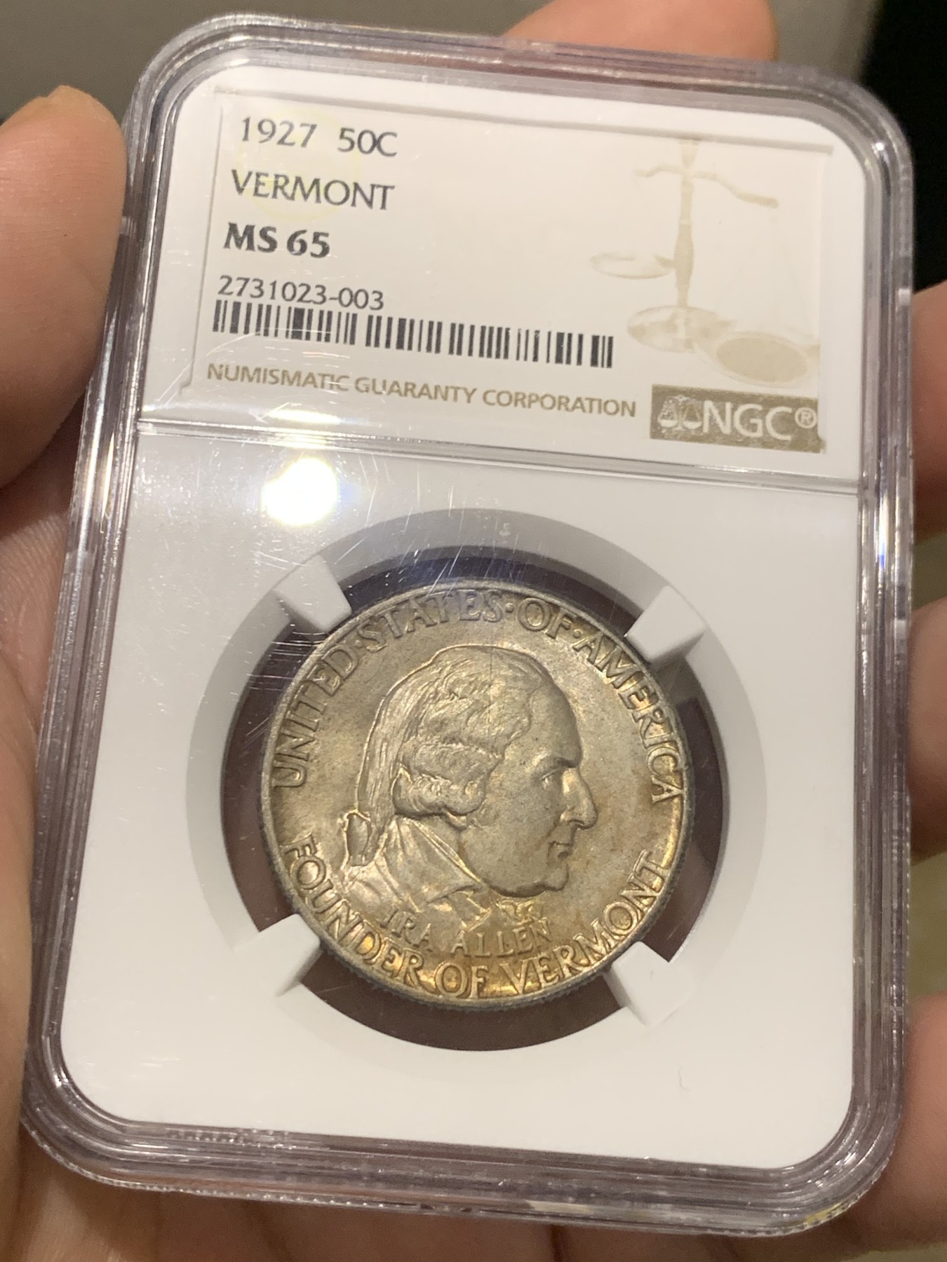 《竞宝斋》第209场-周日，周一 2场 (全场包邮) NGC-MS65  美国1927年佛蒙特州 半美元 纪念币 少见品种 金色包浆 高分 平台首拍