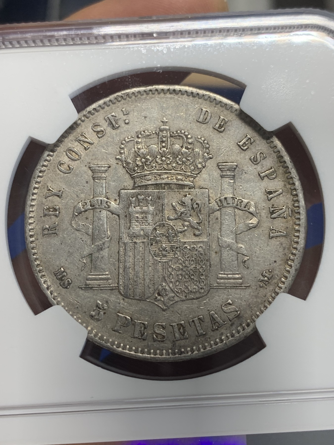 《竞宝斋》第209场-周日，周一 2场 (全场包邮) NGC-XF45 西班牙1885年 阿方索十二世 5比塞塔双柱大银币