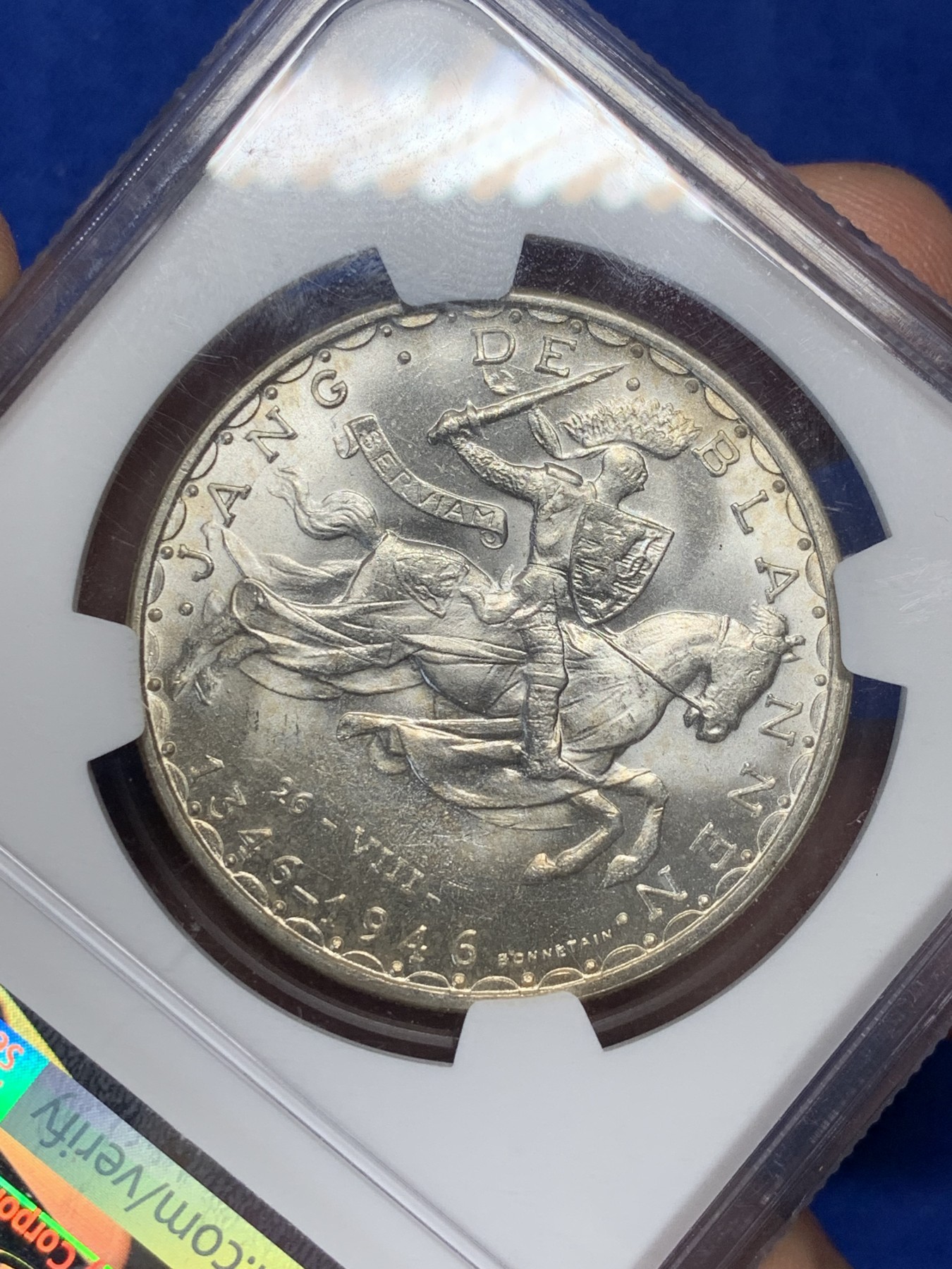 《竞宝斋》第209场-周日，周一 2场 (全场包邮) NGC-MS65 卢森堡 1946年 盲人约翰阵亡600年纪念100法郎银币