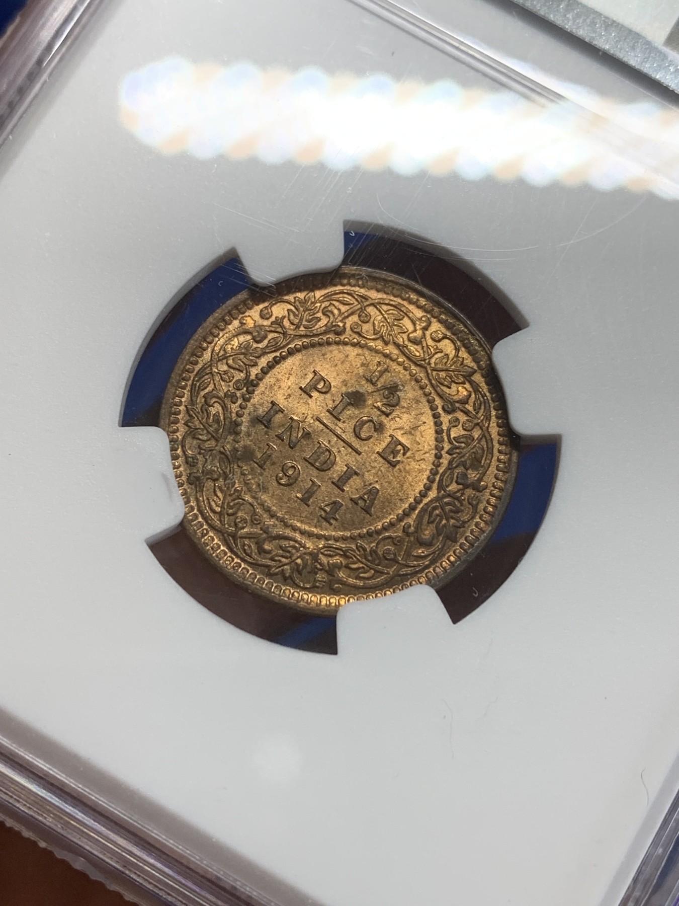 《竞宝斋》第209场-周日，周一 2场 (全场包邮) NGC-MS63RB 英属印度 1914年（C）乔治五世1/2派沙 1/2P铜币