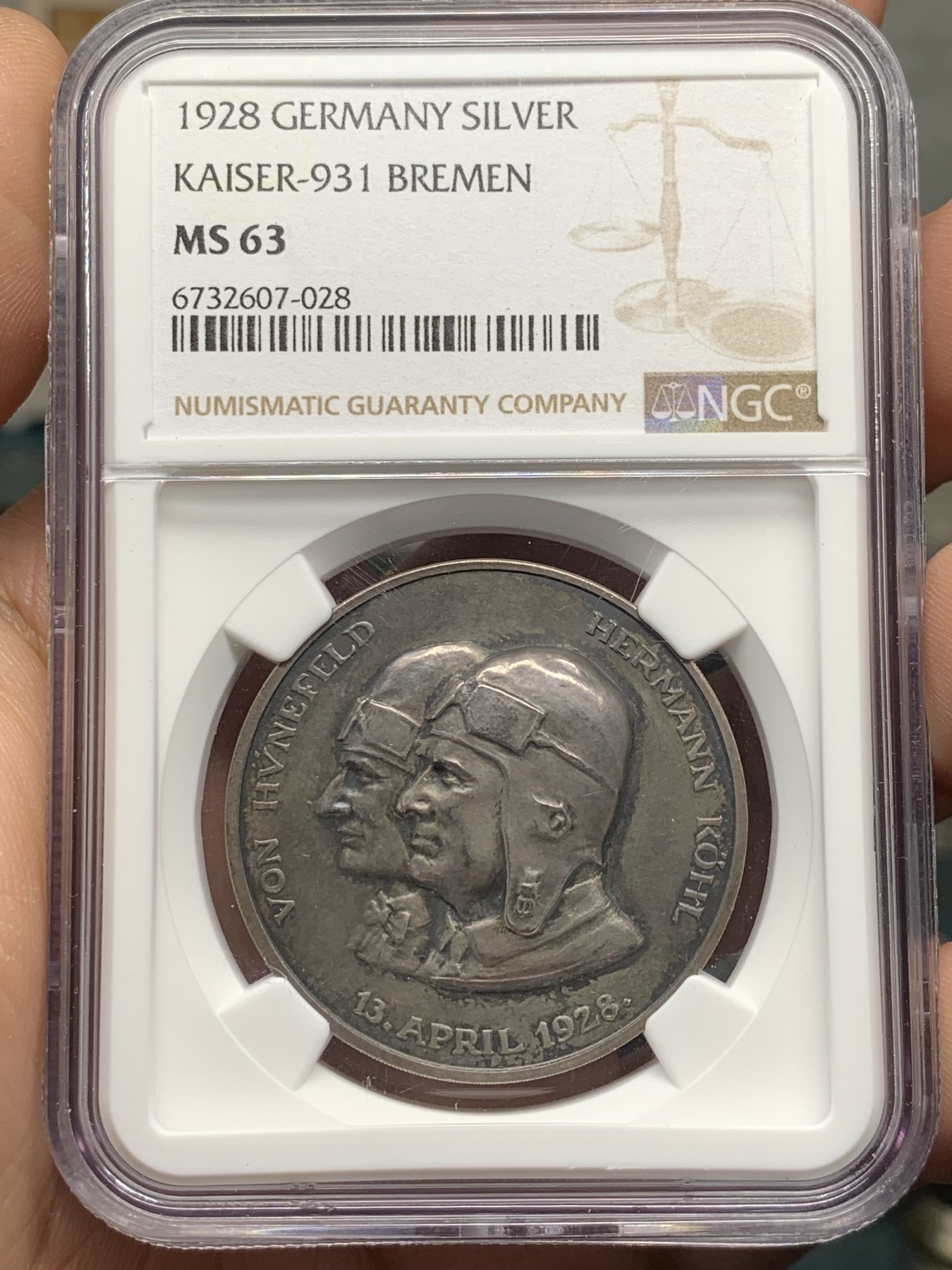 《竞宝斋》第209场-周日，周一 2场 (全场包邮) NGC MS63 德国1928年 不莱梅号 飞越大西洋纪念 银章 加厚盒装