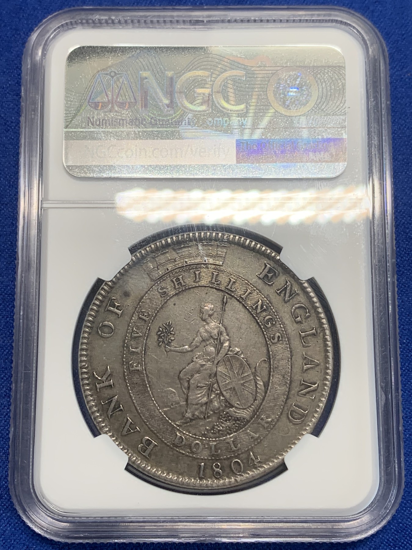 《竞宝斋》第209场-周日，周一 2场 (全场包邮) NGC-XF45 英国 1804年 乔治三世英格兰银行5先令银币 老包浆稀少品种