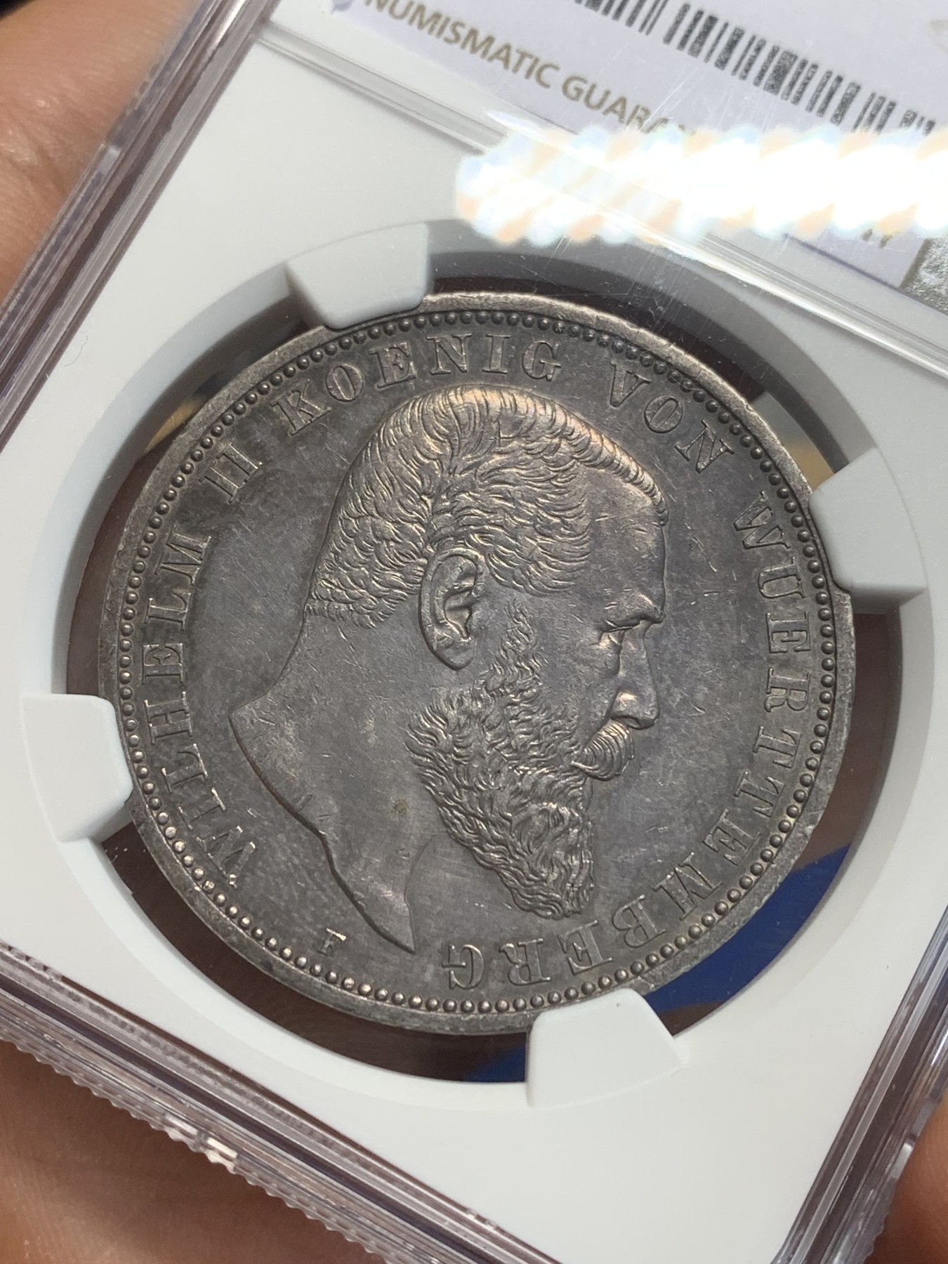 《竞宝斋》第209场-周日，周一 2场 (全场包邮) NGC-UNC 1908年 德国 符腾堡王国 5马克大银币  欧陆紫色包浆 细节很好 不给分可惜