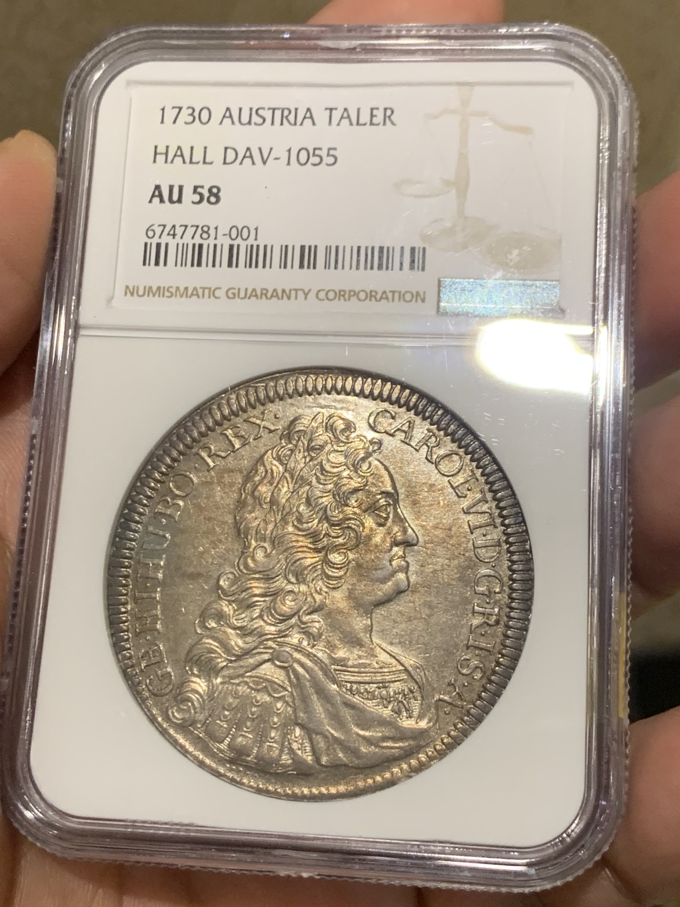 《竞宝斋》第209场-周日，周一 2场 (全场包邮) NGC-AU58 1730年 神圣罗马帝国 卡尔六世 1泰勒 大银币  原光紫彩包浆，严重低评，状态非常好