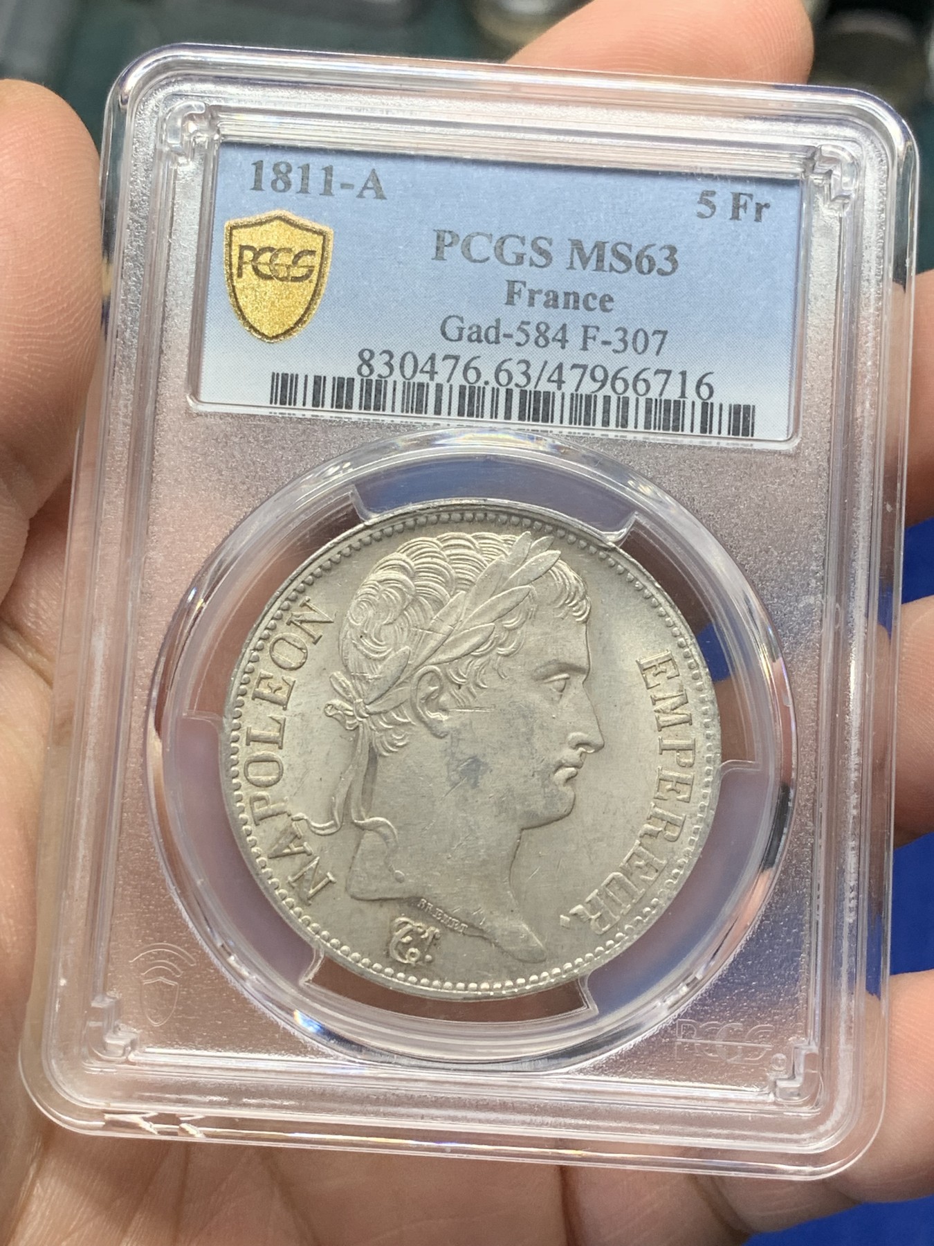 《竞宝斋》第209场-周日，周一 2场 (全场包邮) PCGS MS63 法国1811年拿破仑一世银币，车轮光细腻 底板淡黄色包浆 也是p盒子首拍高分，高分少见一步到位！