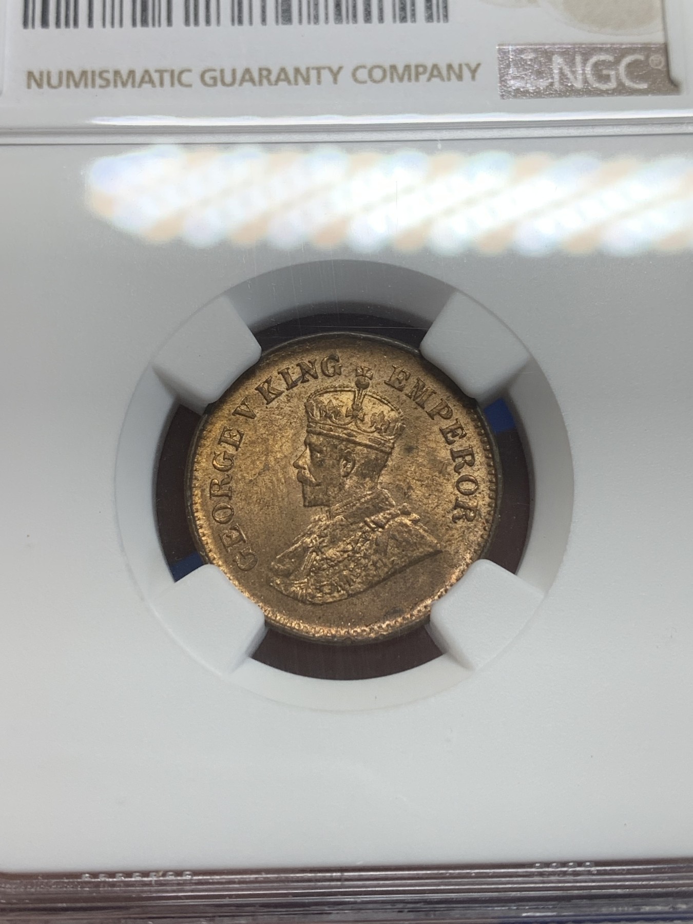 《竞宝斋》第209场-周日，周一 2场 (全场包邮) NGC-MS63RB 英属印度 1914年（C）乔治五世1/2派沙 1/2P铜币