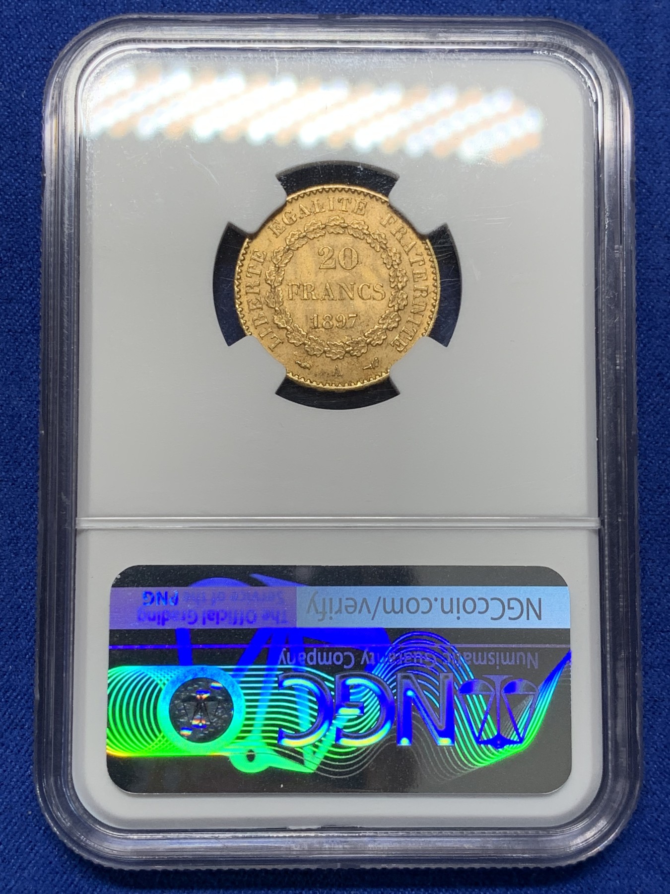 《竞宝斋》第209场-周日，周一 2场 (全场包邮) NGC MS62 法国1897年天使20法郎金币 非常著名的幸运金币 战时法国飞行员起飞必备