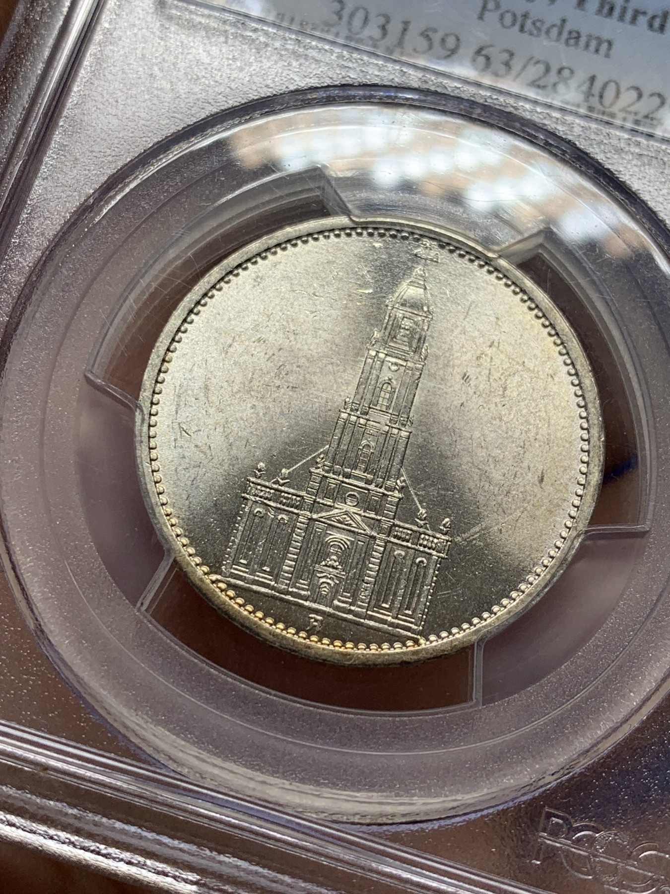 《竞宝斋》第209场-周日，周一 2场 (全场包邮) PCGS-MS63 德国 1935年教堂无字5马克银币 好品极少见