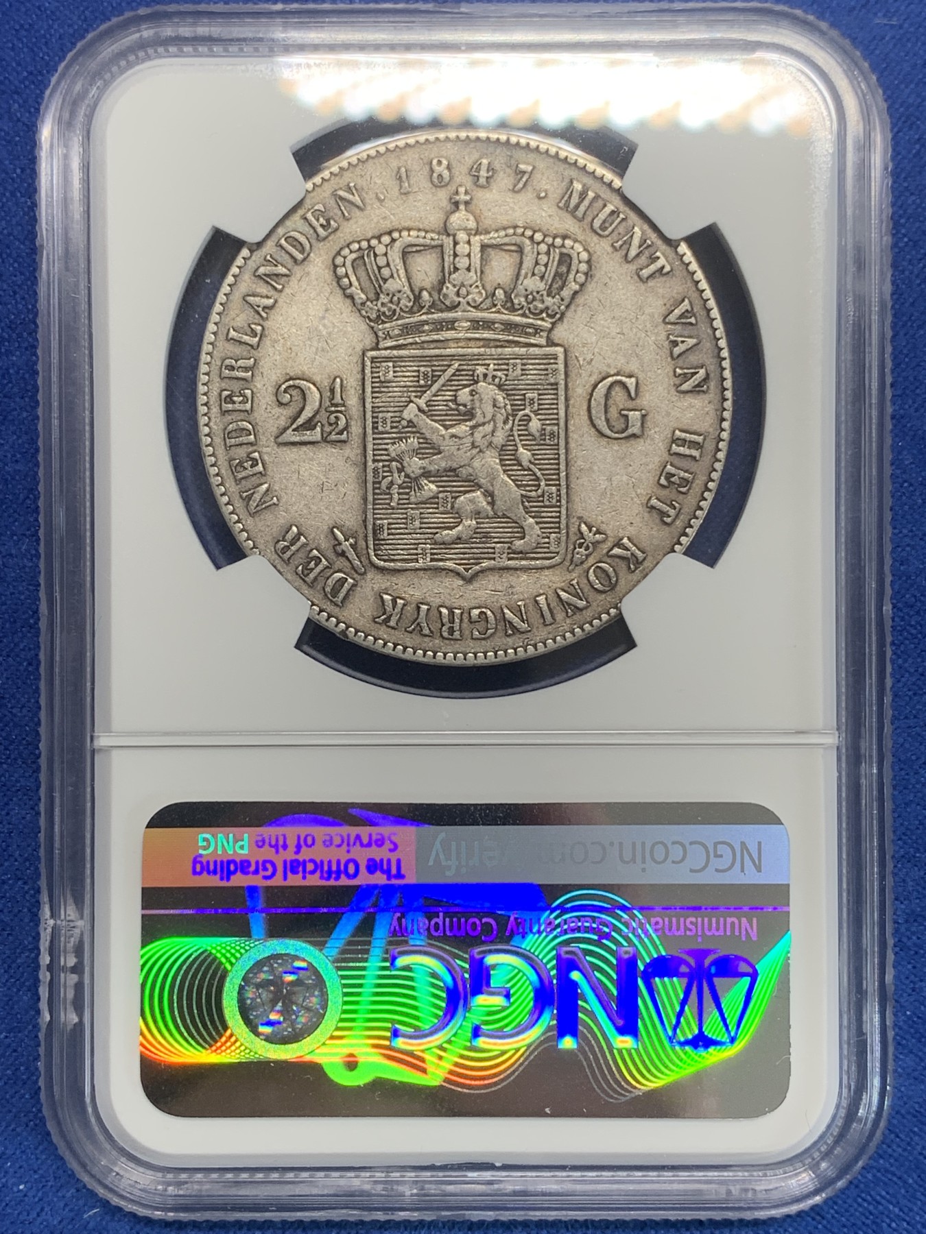 《竞宝斋》第209场-周日，周一 2场 (全场包邮) NGC-XF45 荷兰1847年 威廉二世  2.5盾 俗称长脖子 大银币 少见出分好品 原味老包浆