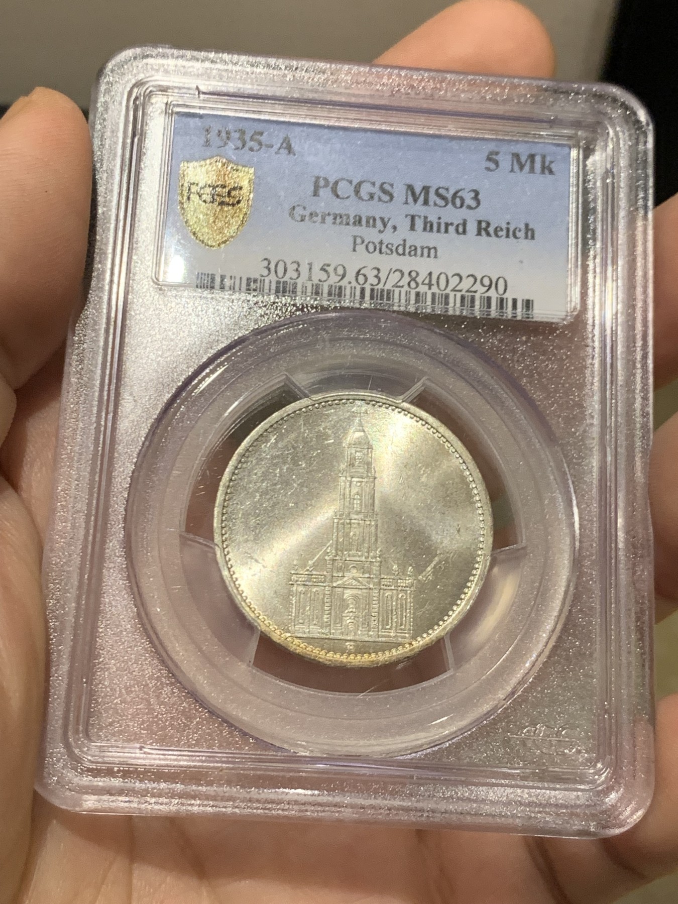 《竞宝斋》第209场-周日，周一 2场 (全场包邮) PCGS-MS63 德国 1935年教堂无字5马克银币 好品极少见