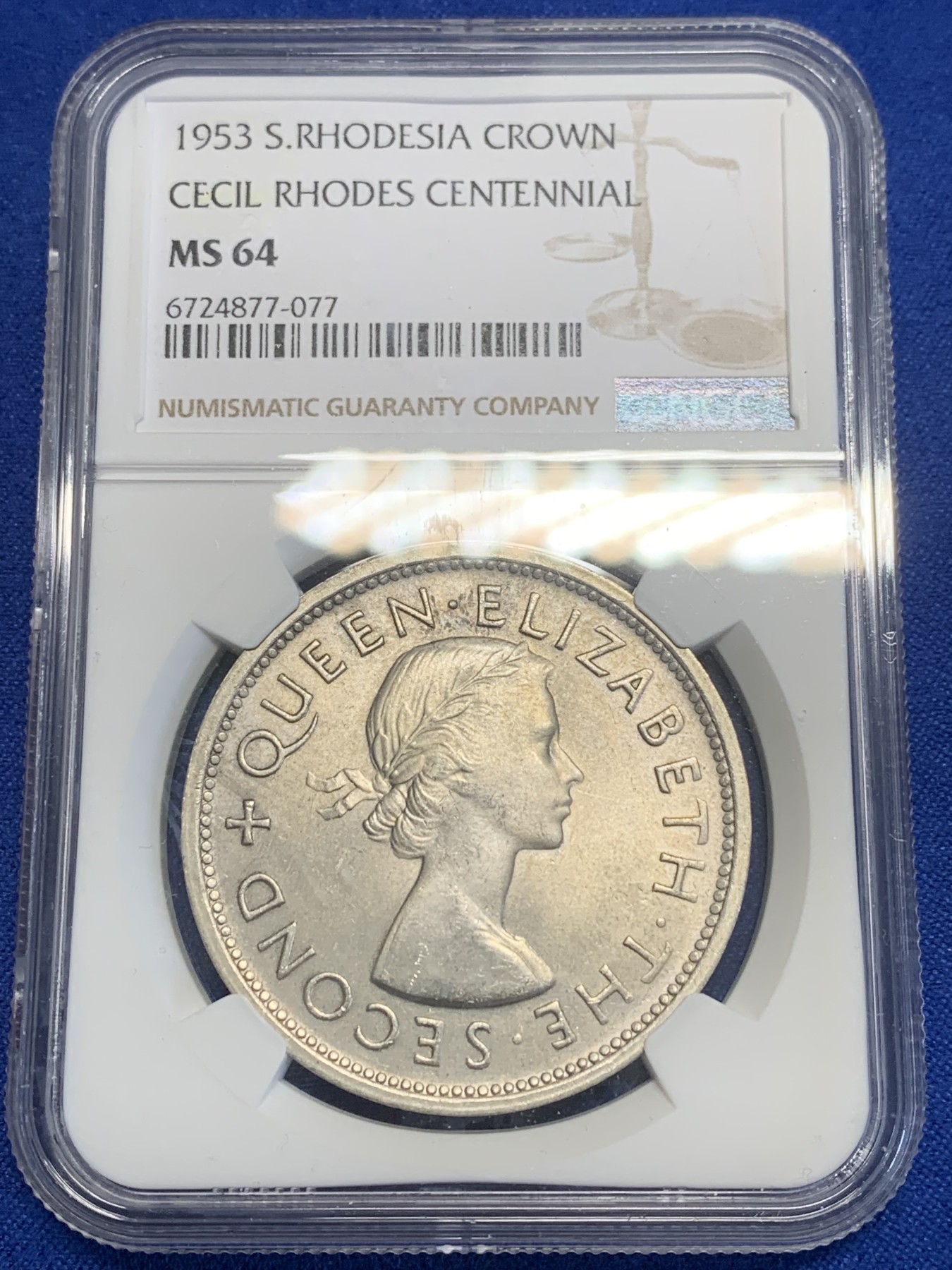 《竞宝斋》第209场-周日，周一 2场 (全场包邮) NGC MS64 南罗德西亚（津巴布韦）1953年纪念罗德斯诞辰一百周年一克朗大银币 全新转光