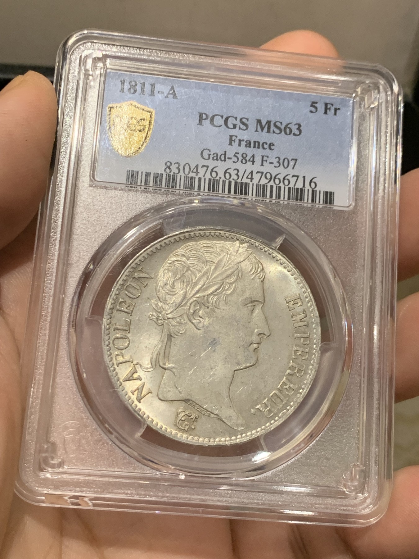 《竞宝斋》第209场-周日，周一 2场 (全场包邮) PCGS MS63 法国1811年拿破仑一世银币，车轮光细腻 底板淡黄色包浆 也是p盒子首拍高分，高分少见一步到位！