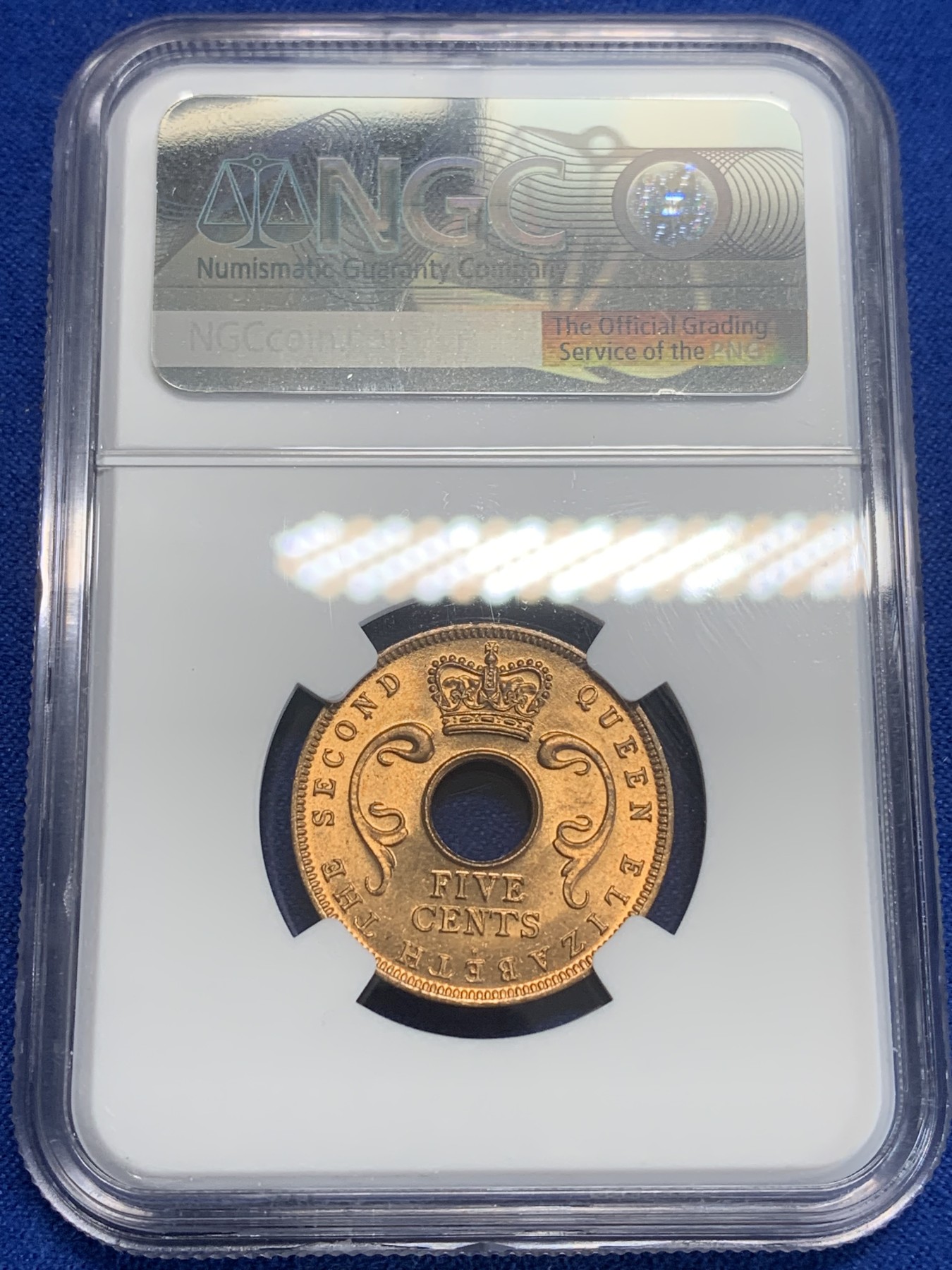 《竞宝斋》第209场-周日，周一 2场 (全场包邮) NGC-MS65RD 英属东非 1956年伊丽莎白二世5分铜币 原红铜光 亚军分 只有1枚最高分