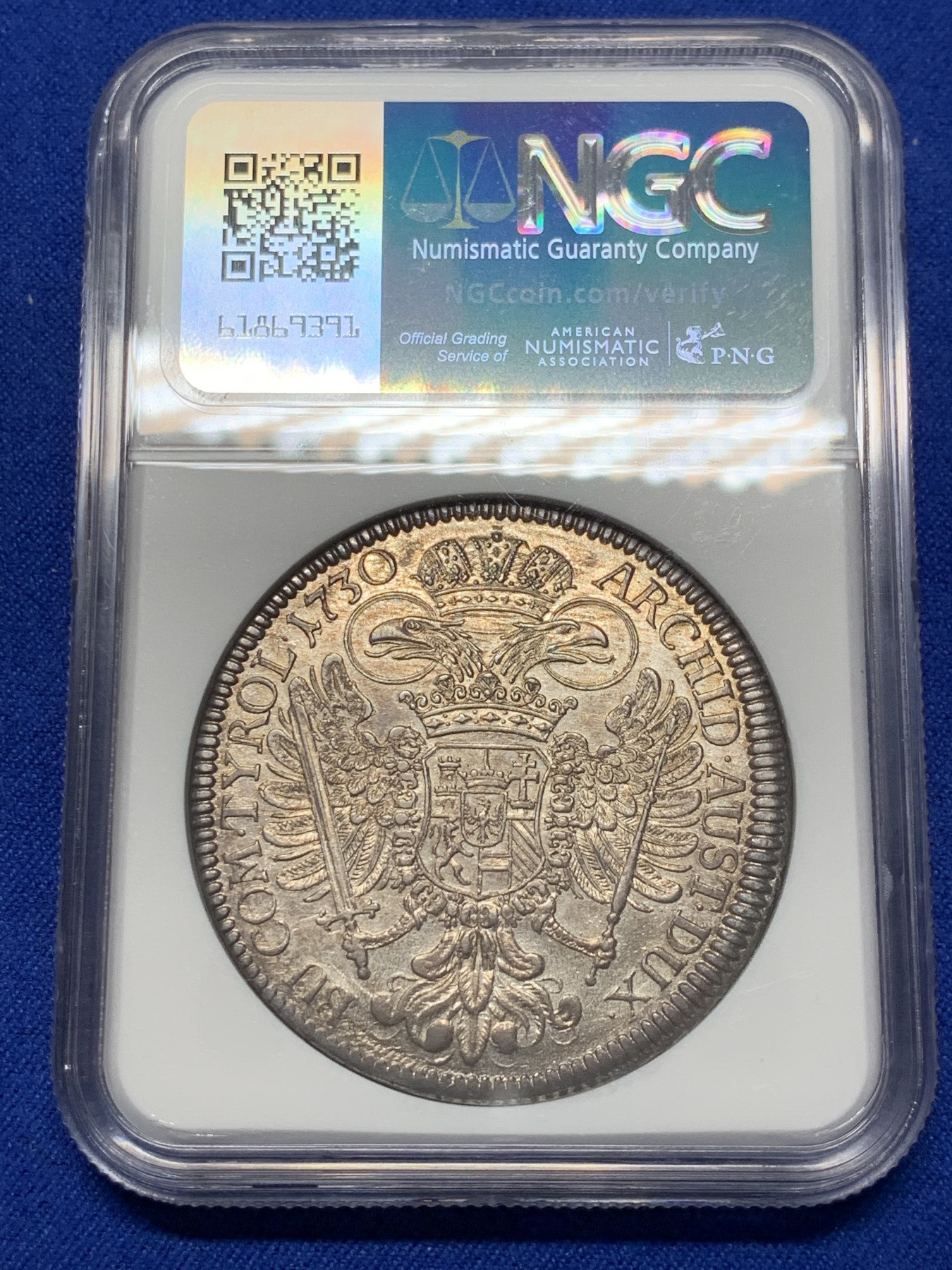 《竞宝斋》第209场-周日，周一 2场 (全场包邮) NGC-AU58 1730年 神圣罗马帝国 卡尔六世 1泰勒 大银币  原光紫彩包浆，严重低评，状态非常好