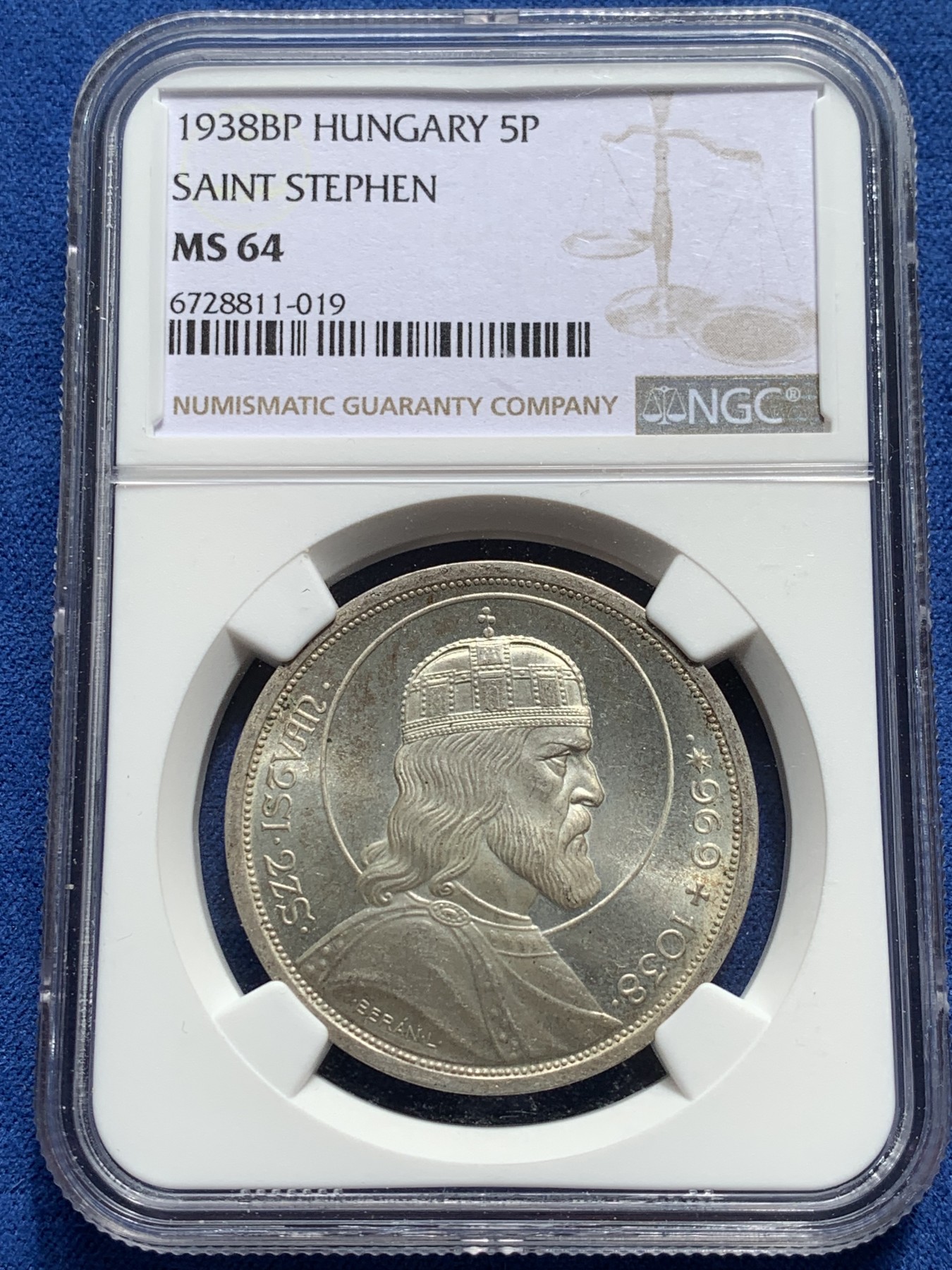 《竞宝斋》第209场-周日，周一 2场 (全场包邮) NGC-MS64 匈牙利1938年 斯蒂芬大公 5潘果大银 原铸 底板银光充沛 转光强烈 纪念国父圣斯蒂芬大公逝世900周年