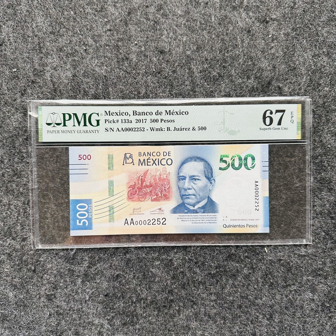 墨西哥2017年500比索塑料钞，AA首发冠，PMG67