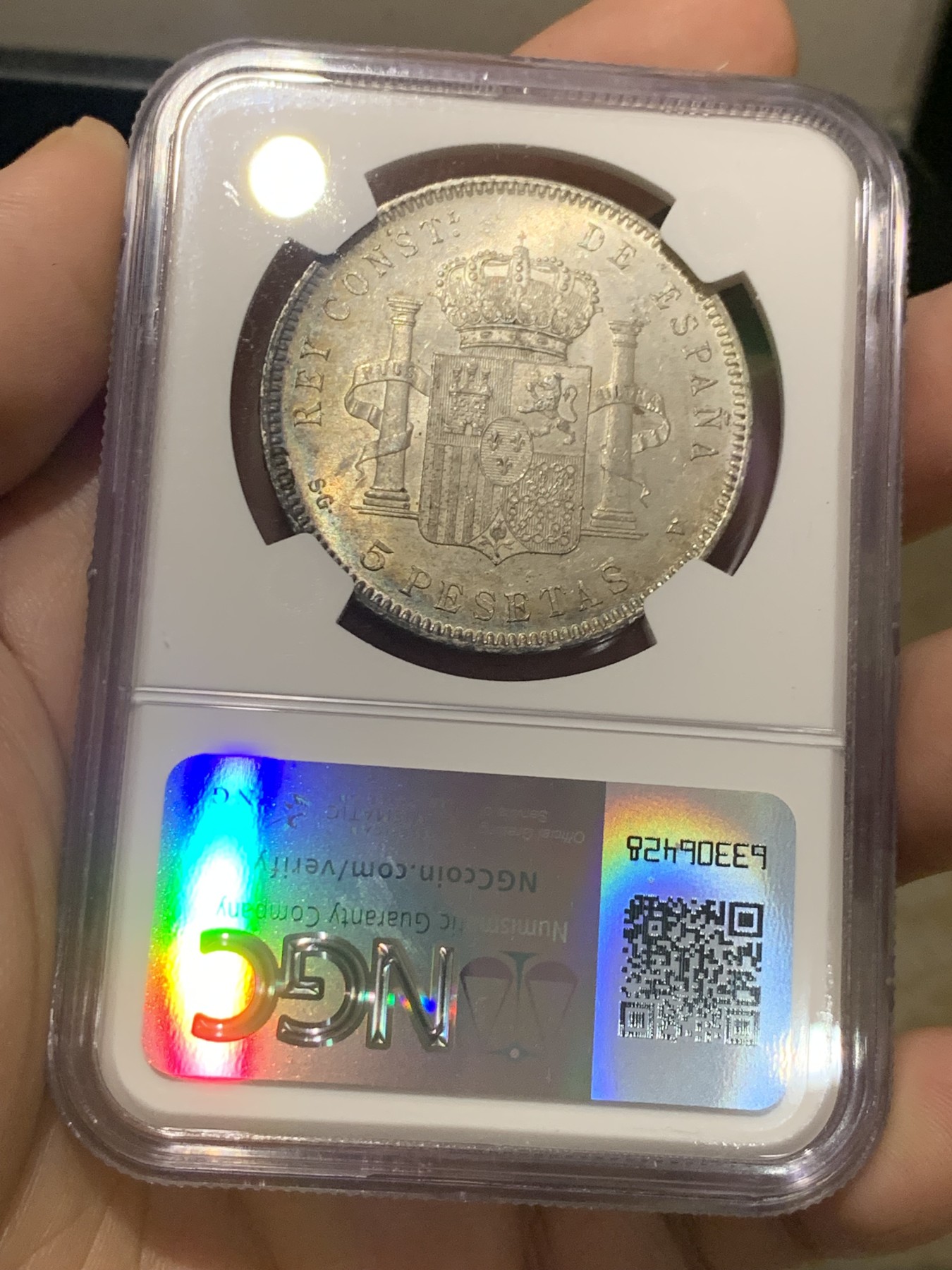 《竞宝斋》第209场-周日，周一 2场 (全场包邮) NGC-MS62 西班牙 1898年阿方索十三世小孩头双柱5比塞塔银币